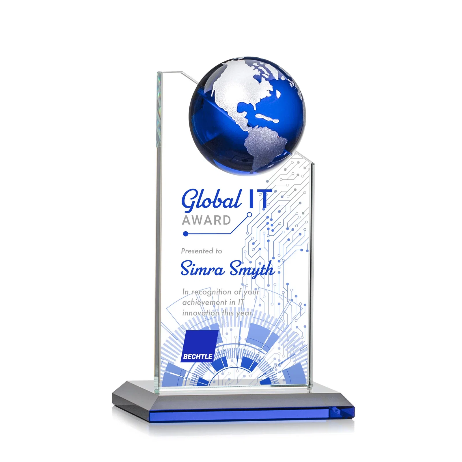 Branded Optical Crystal Tower Award With Slanted Half-Globe Top for corporate award ceremonies