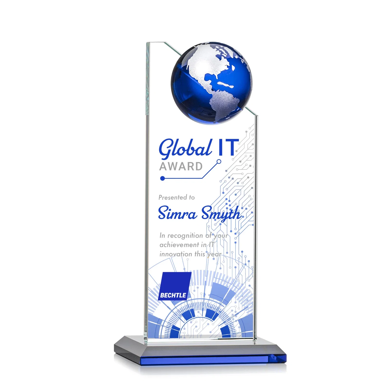 Branded Optical Crystal Tower Award With Slanted Half-Globe Top for service anniversary gifts
