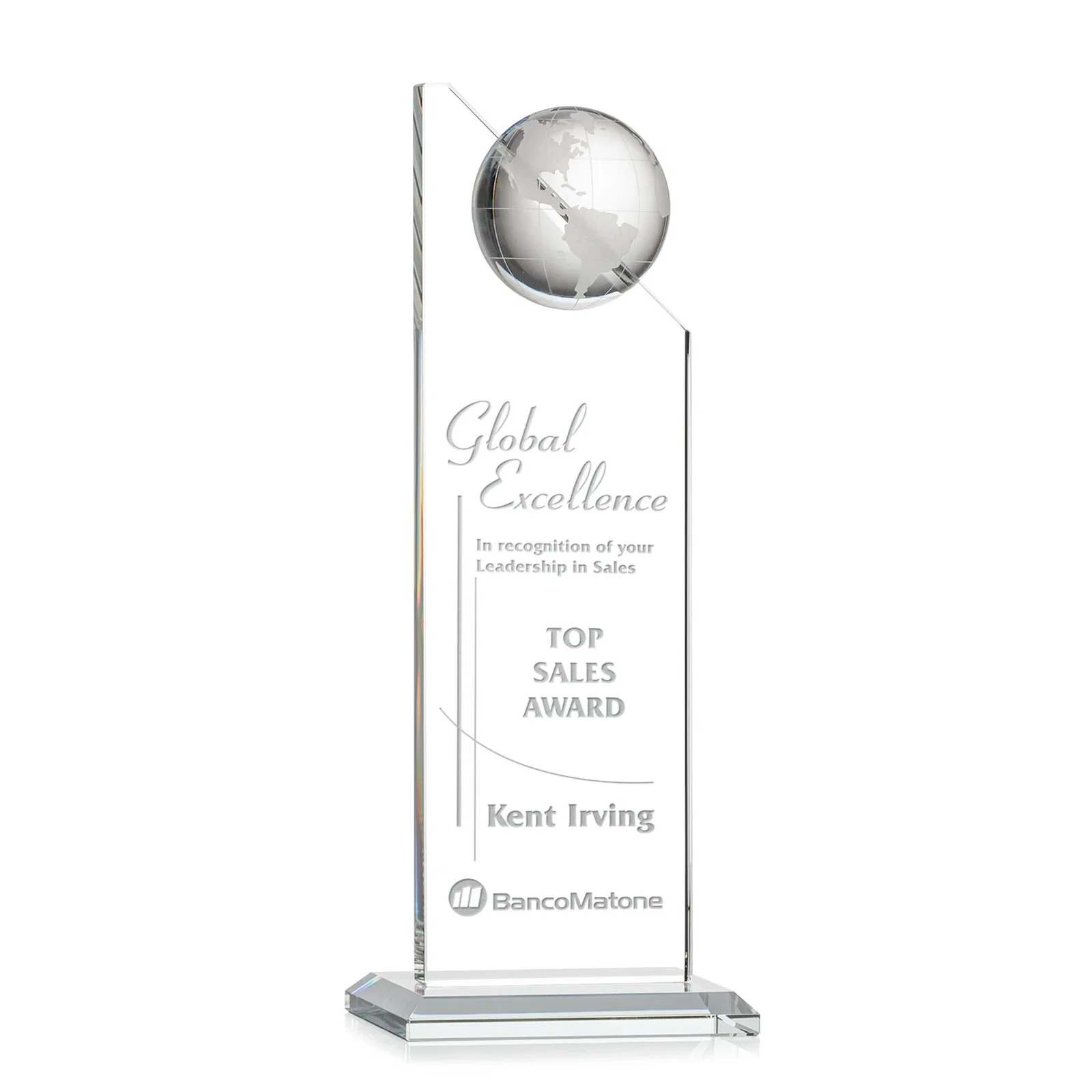 Custom Optical Crystal Tower Award With Slanted Half-Globe Top for sales achievement awards