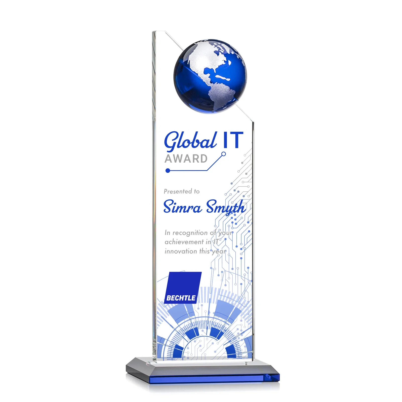 Branded Optical Crystal Tower Award With Slanted Half-Globe Top for sales achievement awards