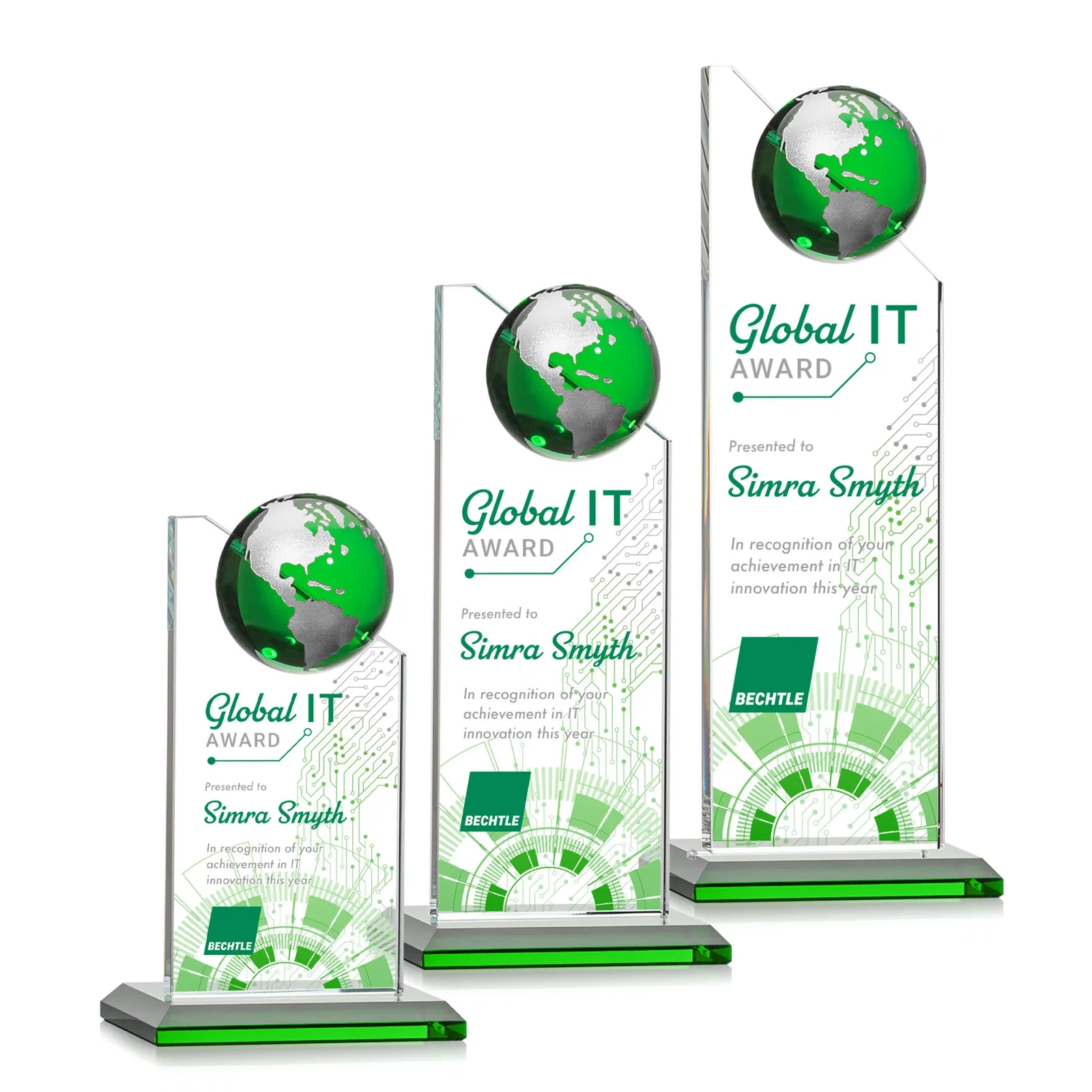 Branded Optical Crystal Tower Award With Slanted Half-Globe Top for retirement presentations