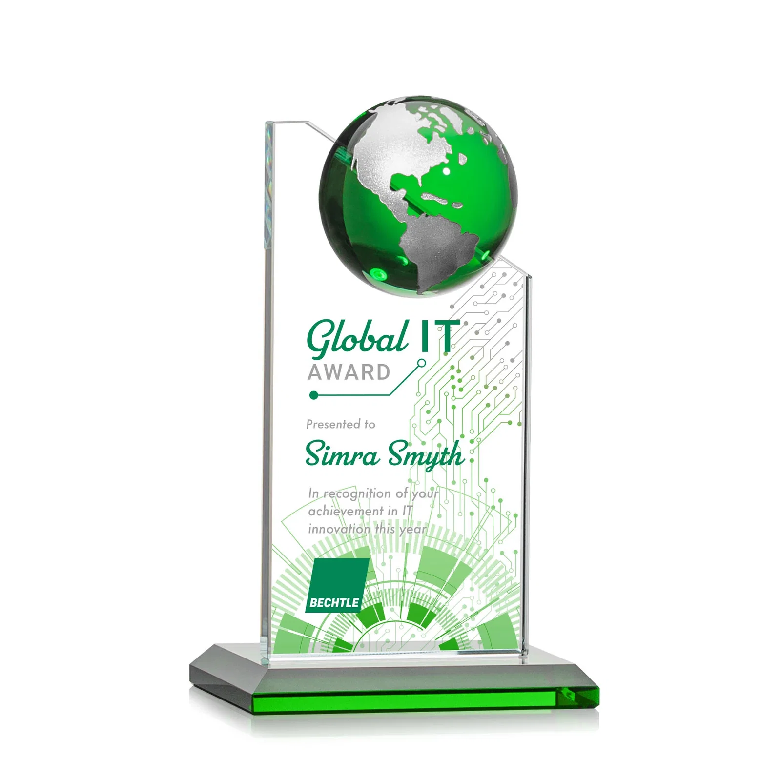 Branded Optical Crystal Tower Award With Slanted Half-Globe Top for team milestone celebrations