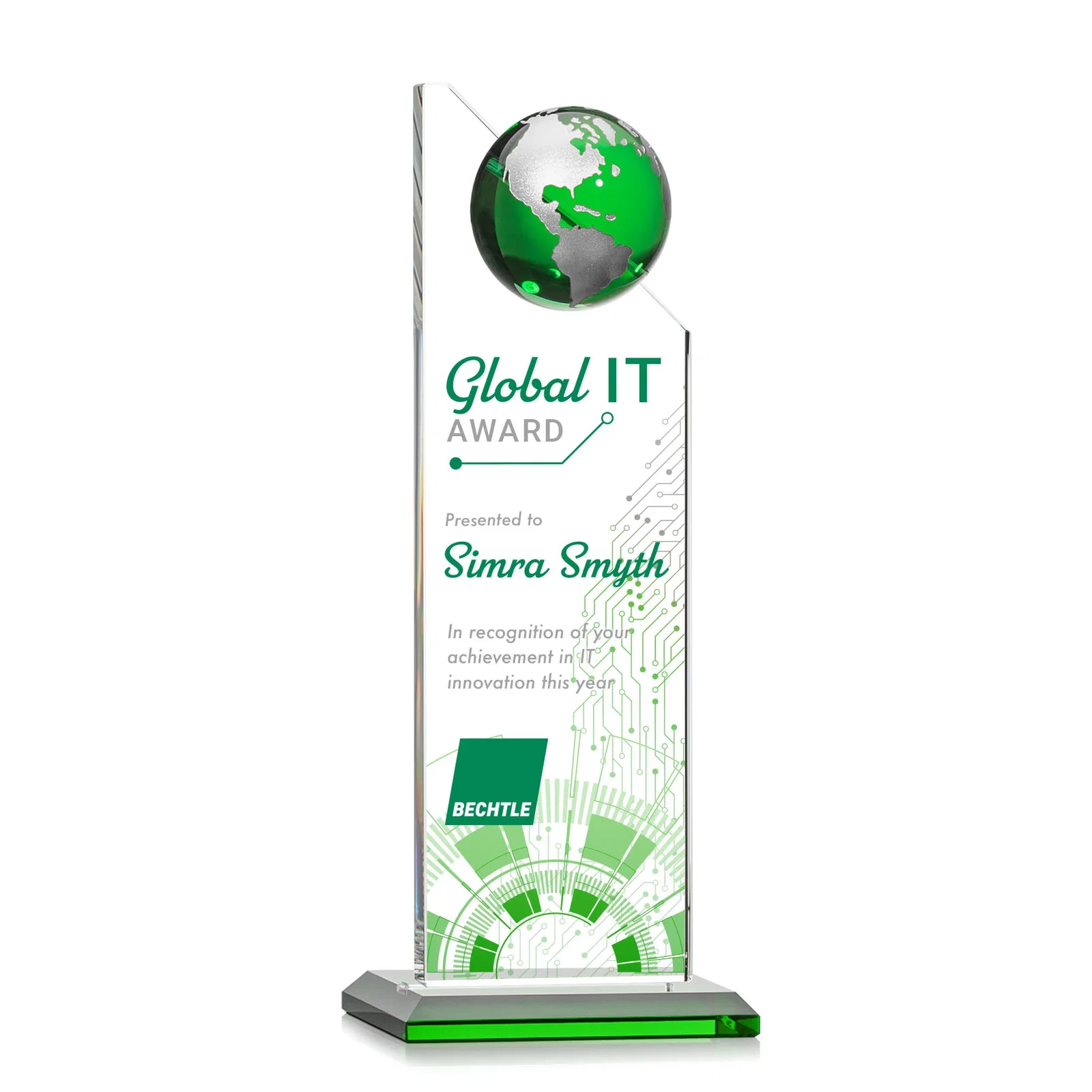 Branded Optical Crystal Tower Award With Slanted Half-Globe Top for graduation ceremonies