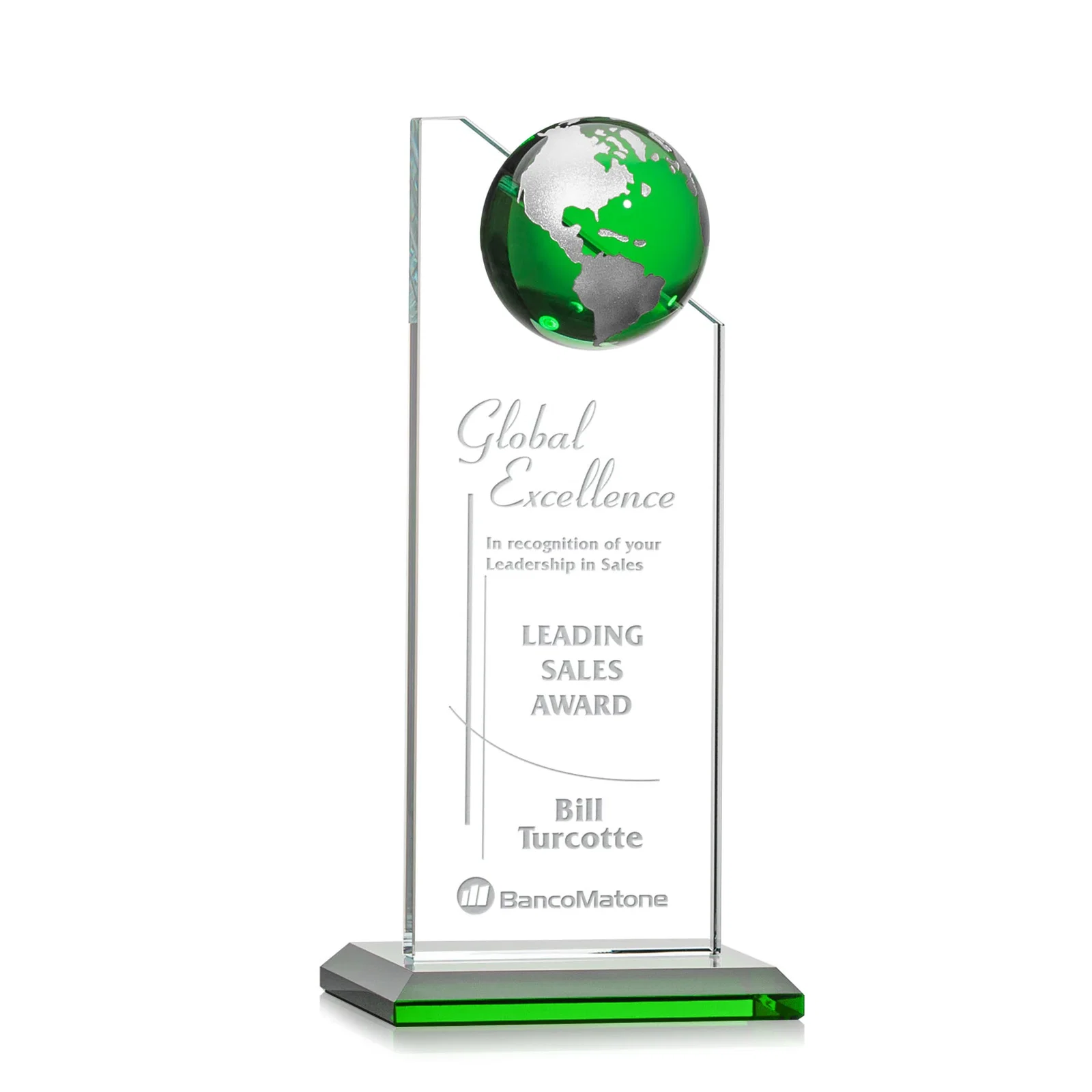 Branded Optical Crystal Tower Award With Slanted Half-Globe Top for dealer and partner awards