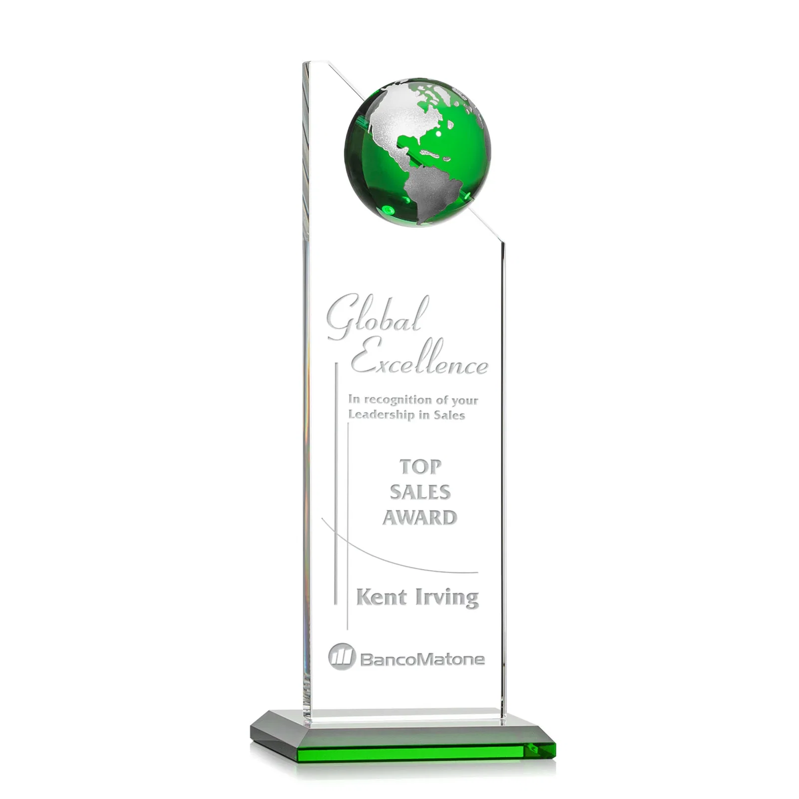 Branded Optical Crystal Tower Award With Slanted Half-Globe Top for company anniversary events