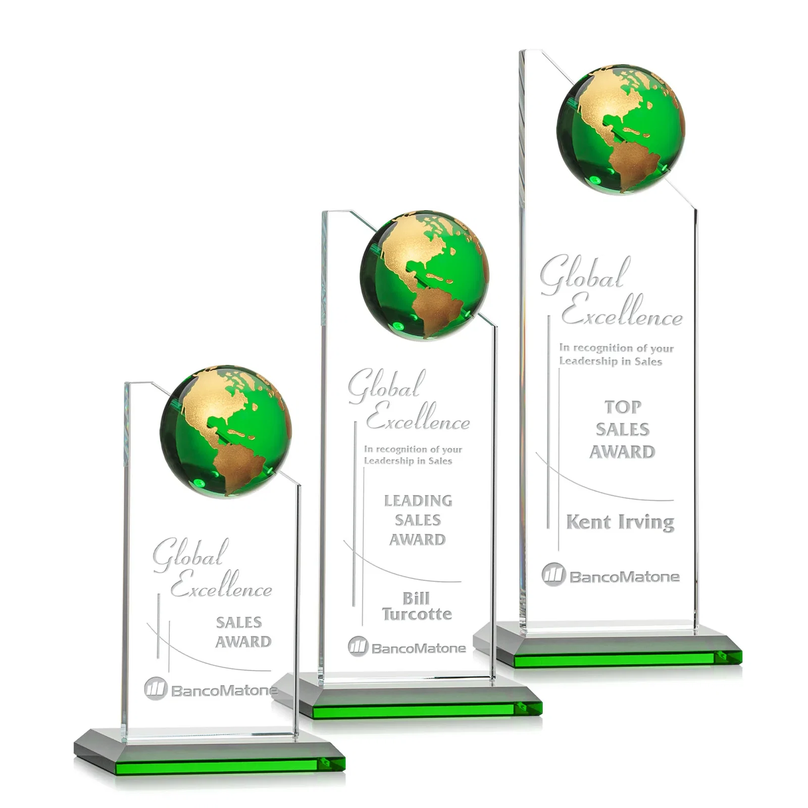 Custom Optical Crystal Tower Award With Slanted Half-Globe Top for retirement presentations
