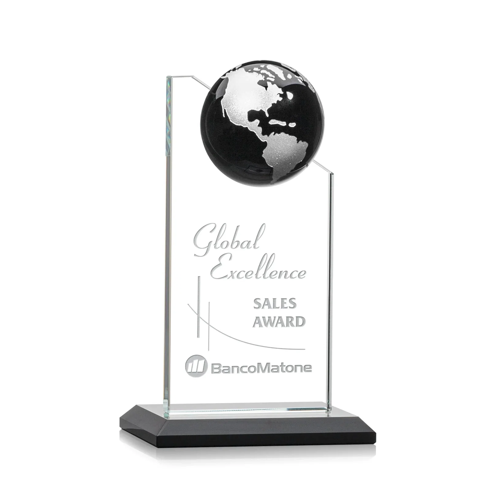 Custom printed Optical Crystal Tower Award With Slanted Half-Globe Top for corporate award ceremonies