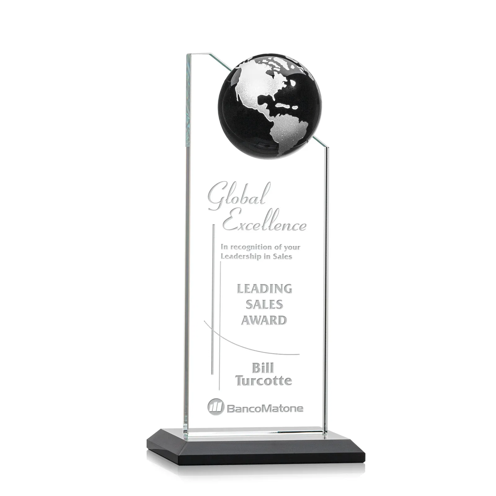 Custom printed Optical Crystal Tower Award With Slanted Half-Globe Top for service anniversary gifts