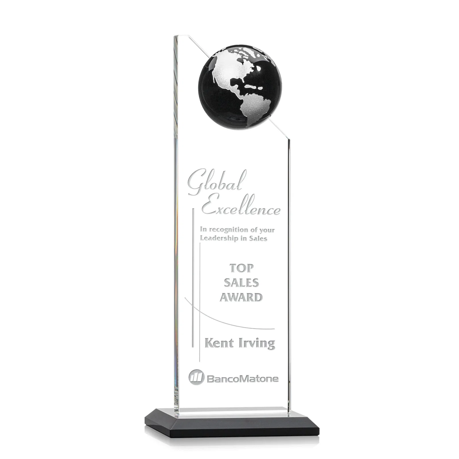 Custom printed Optical Crystal Tower Award With Slanted Half-Globe Top for sales achievement awards