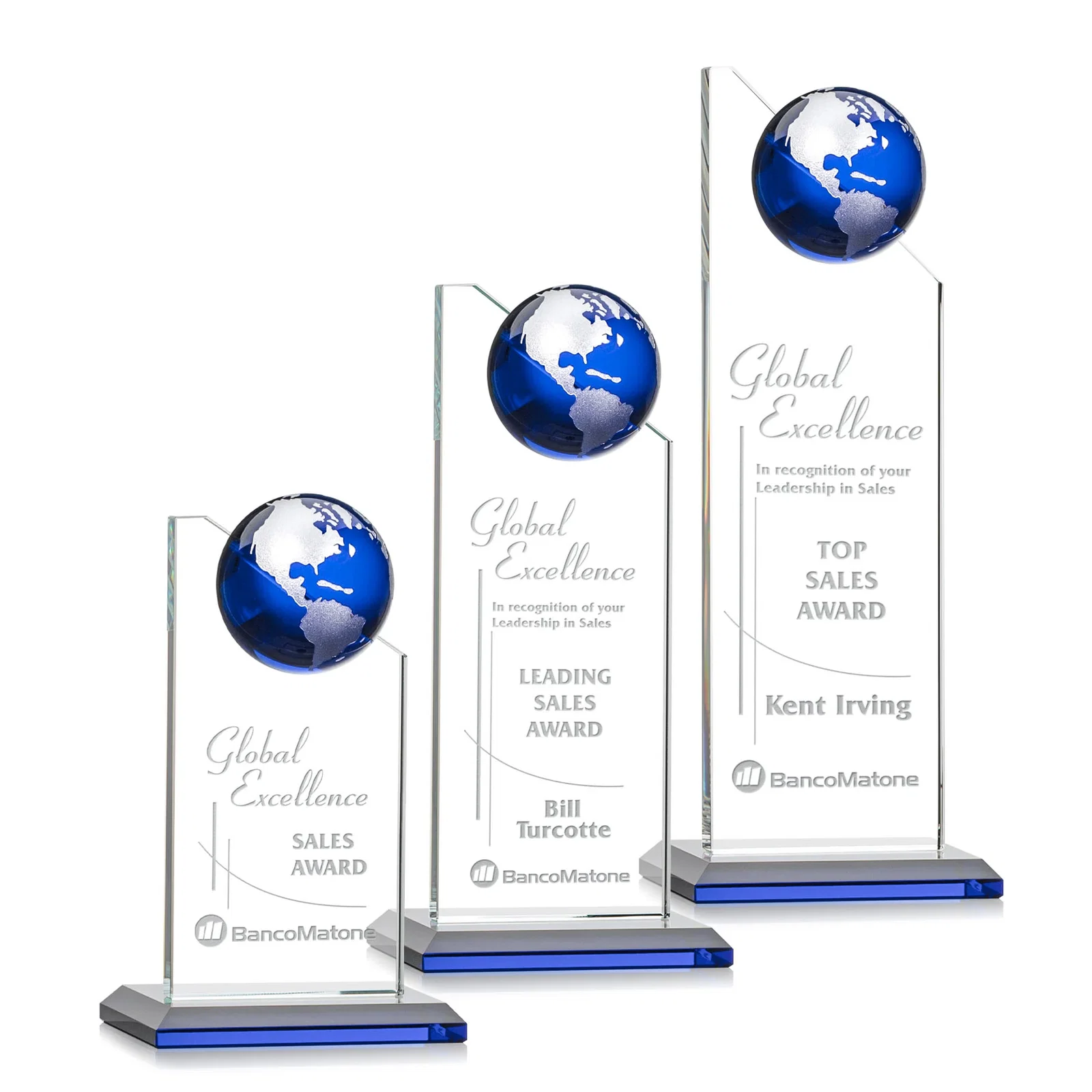 Custom printed Optical Crystal Tower Award With Slanted Half-Globe Top for retirement presentations