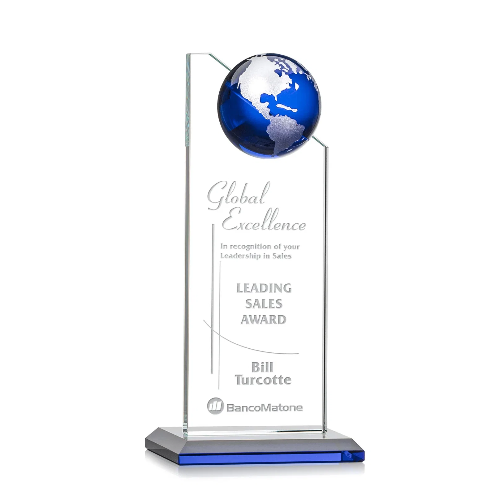 Custom printed Optical Crystal Tower Award With Slanted Half-Globe Top for donor appreciation
