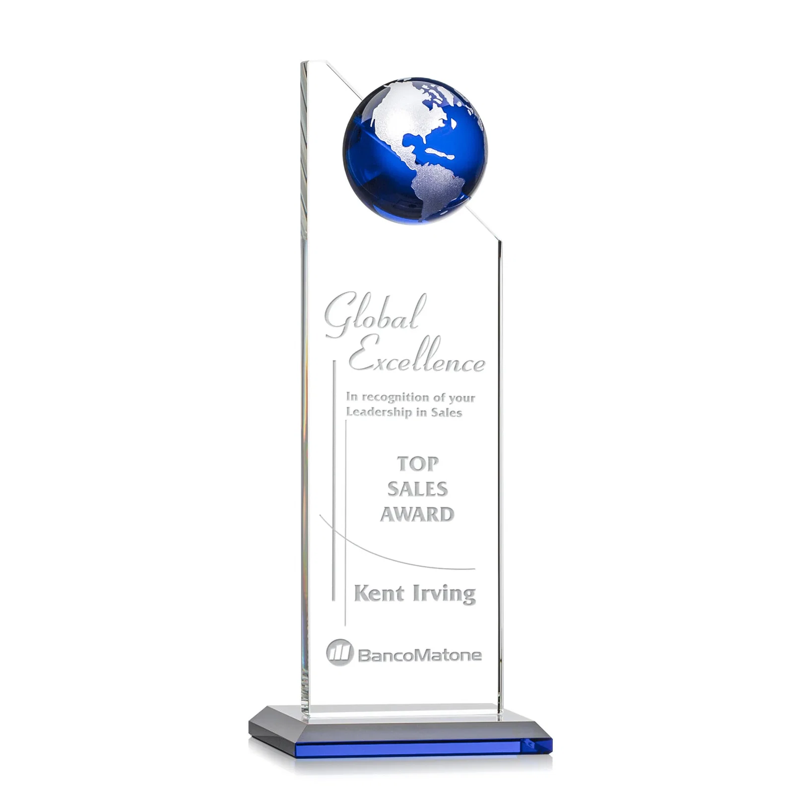 Custom printed Optical Crystal Tower Award With Slanted Half-Globe Top for graduation ceremonies