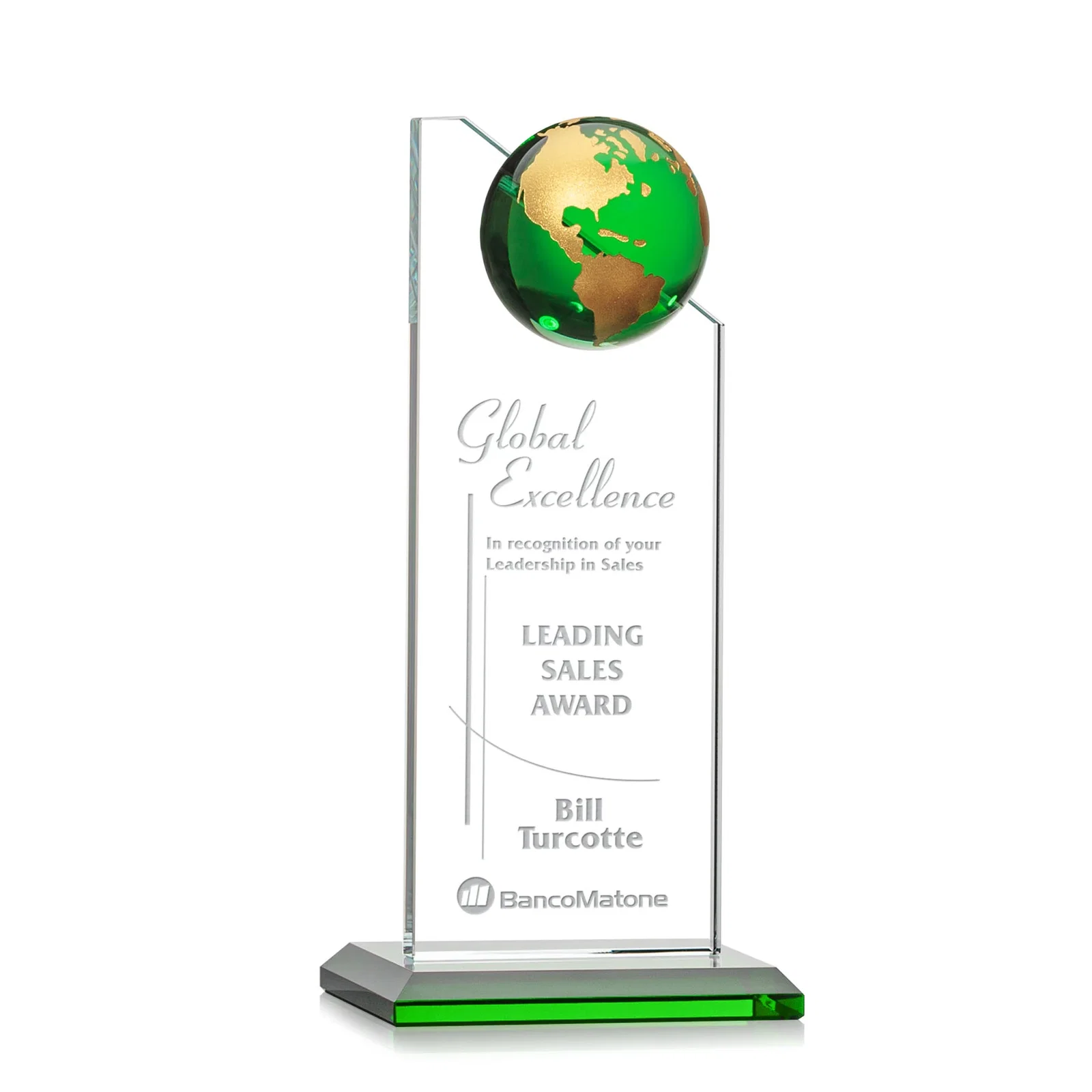 Custom Optical Crystal Tower Award With Slanted Half-Globe Top for donor appreciation