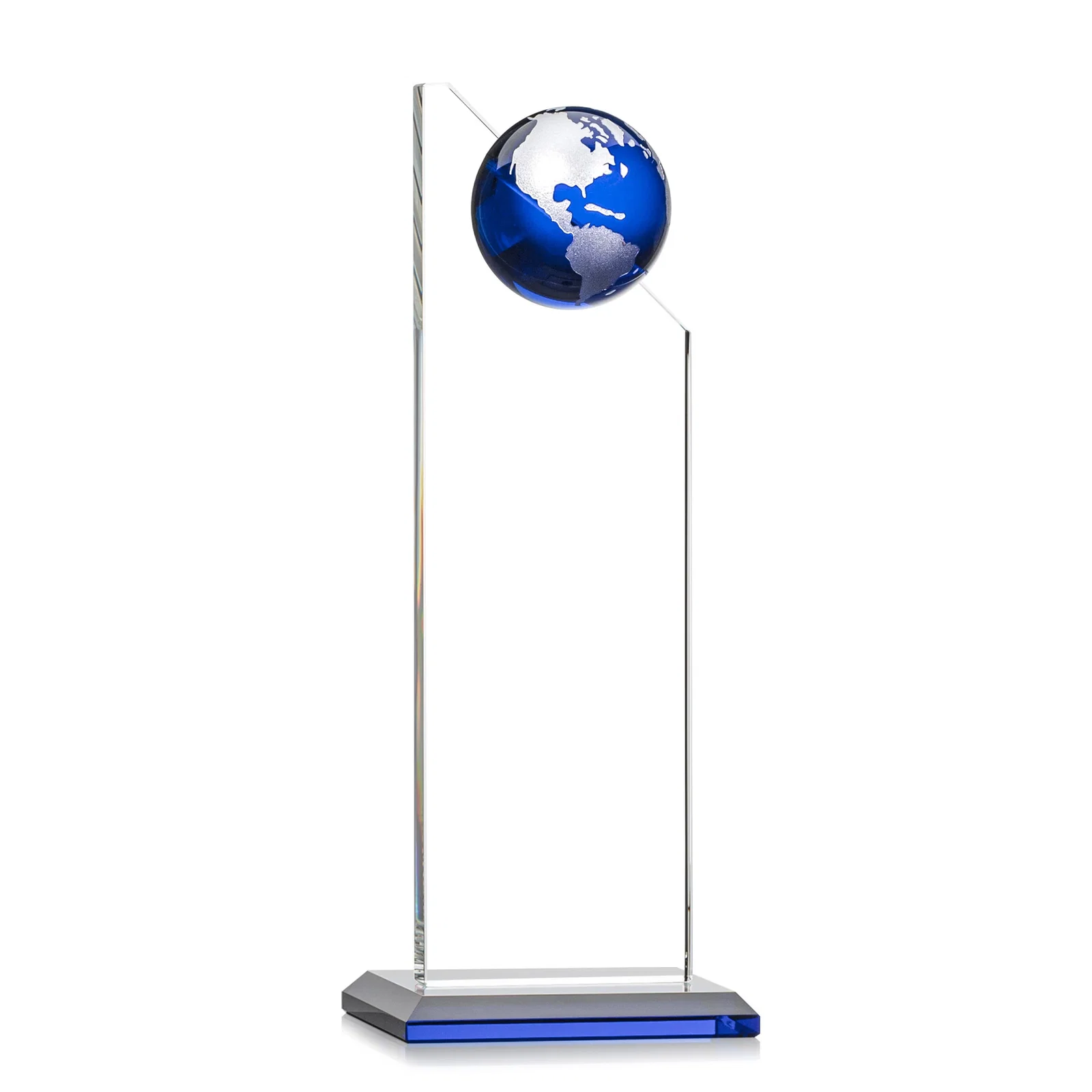 Custom engraved Optical Crystal Tower Award With Slanted Half-Globe Top for retirement presentations