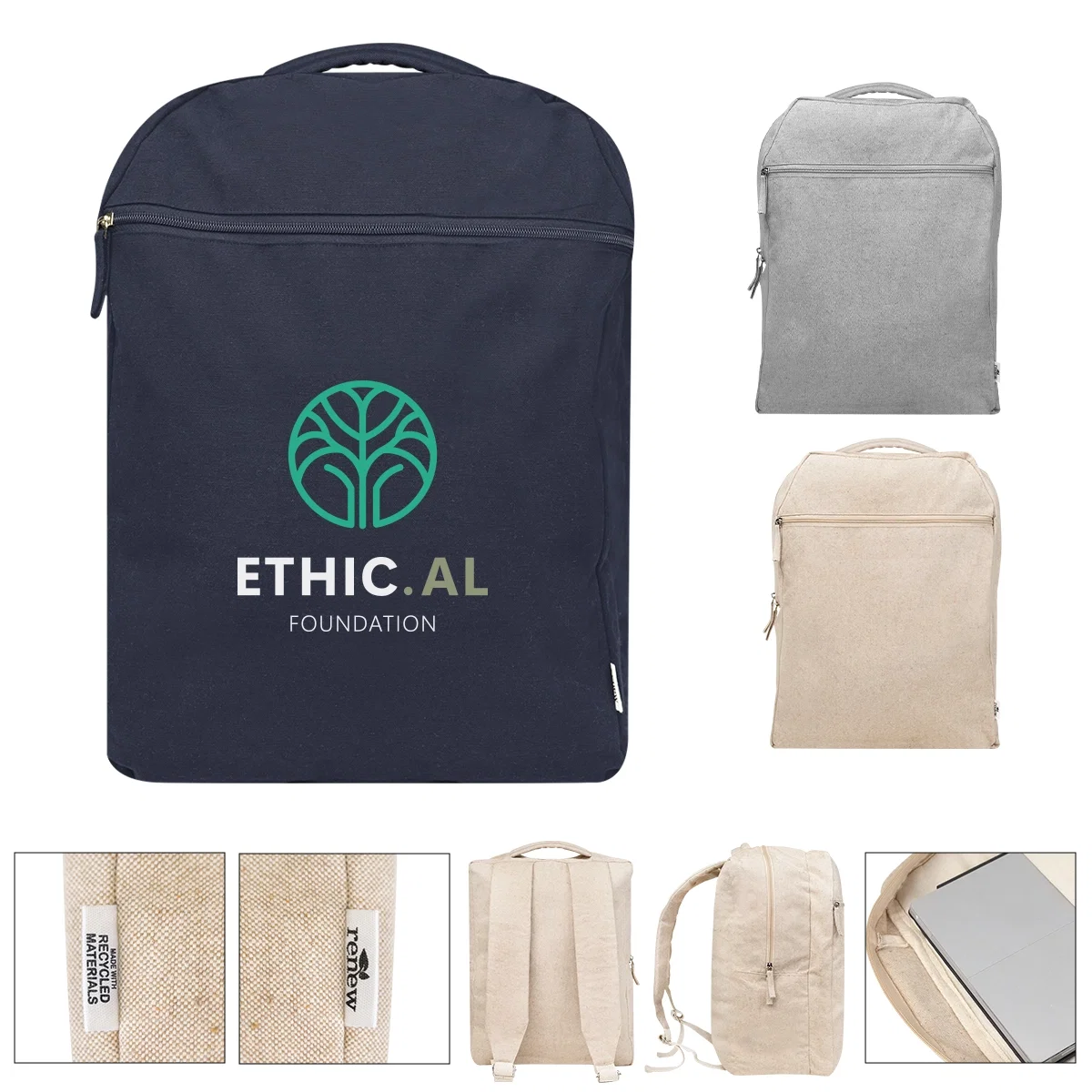 Recycled cotton backpack in black, 13 inches wide and 17 tall