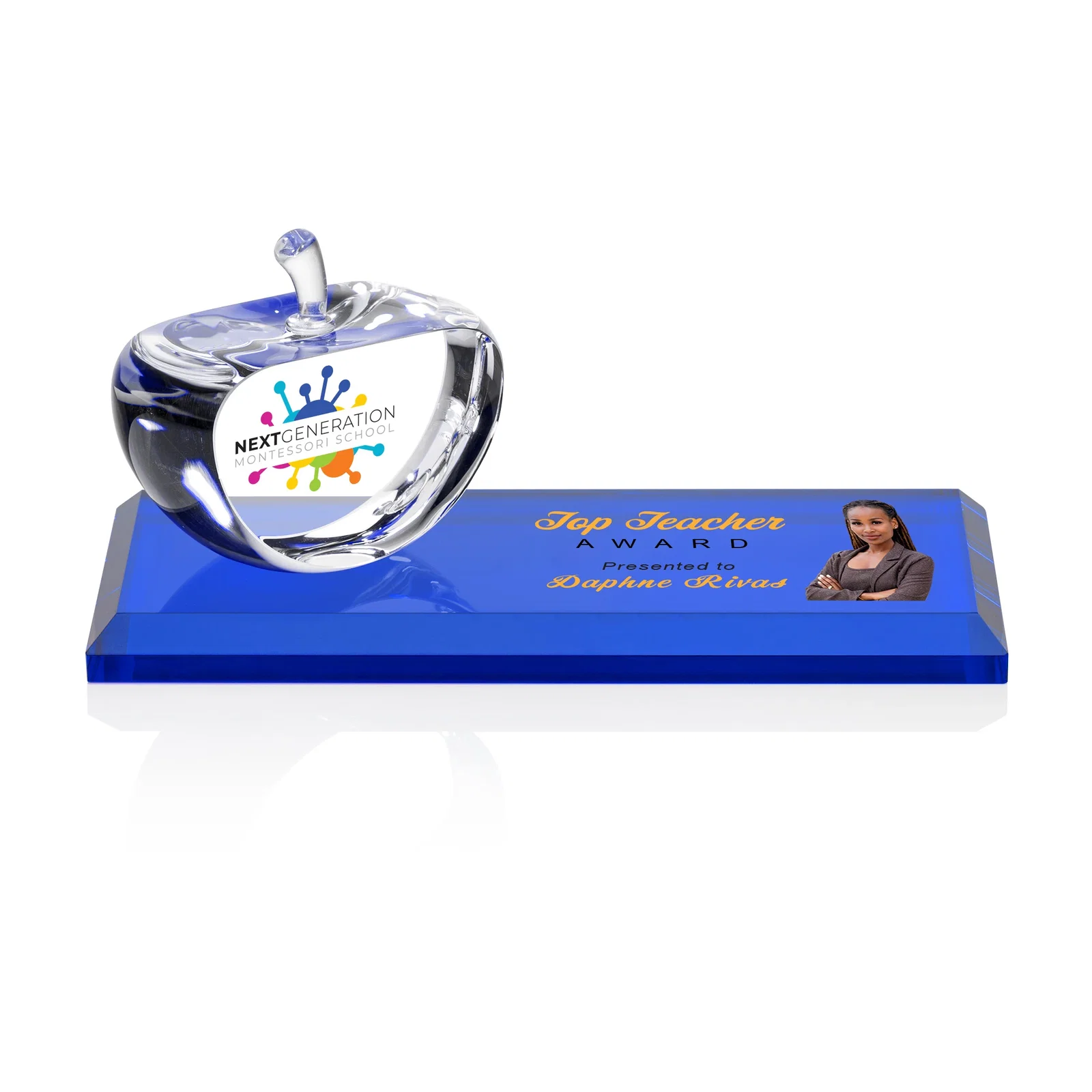 Custom Optical Crystal Apple Award With Decoration on Base and Apple, desk awards for company anniversary events