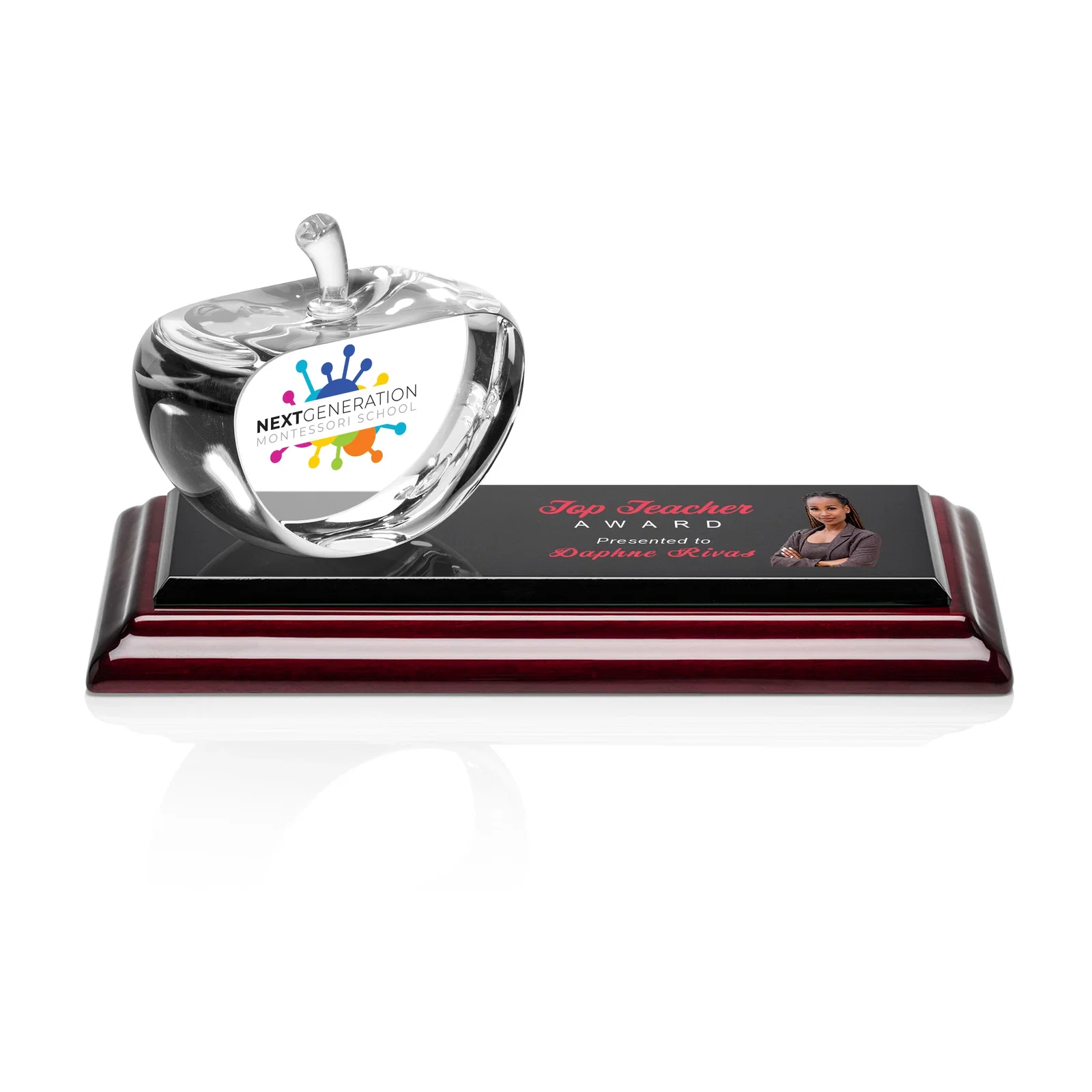 Personalized Optical Crystal Apple Award With Decoration on Base and Apple, desk awards for corporate award ceremonies