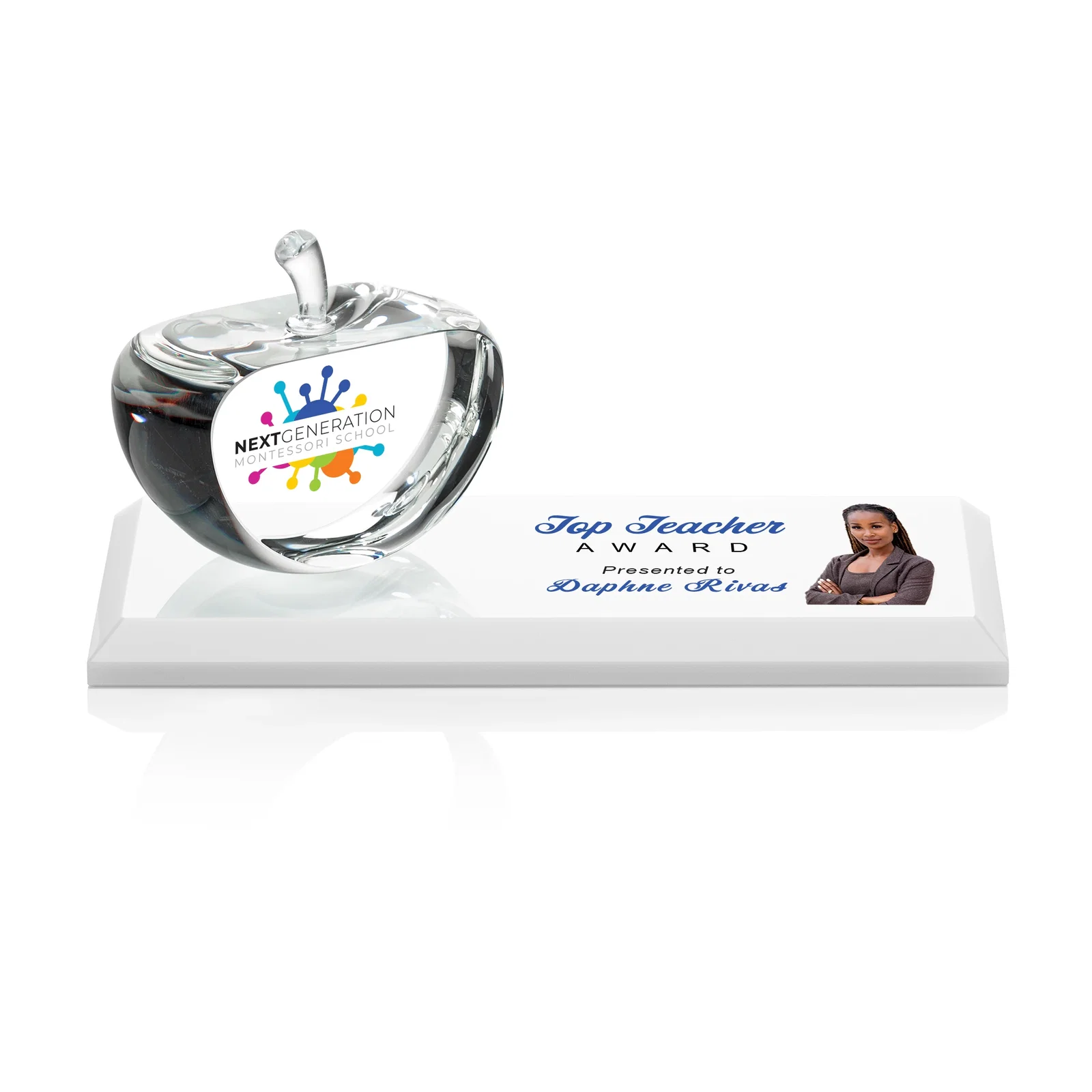 Personalized Optical Crystal Apple Award With Decoration on Base and Apple, desk awards for sales achievement awards