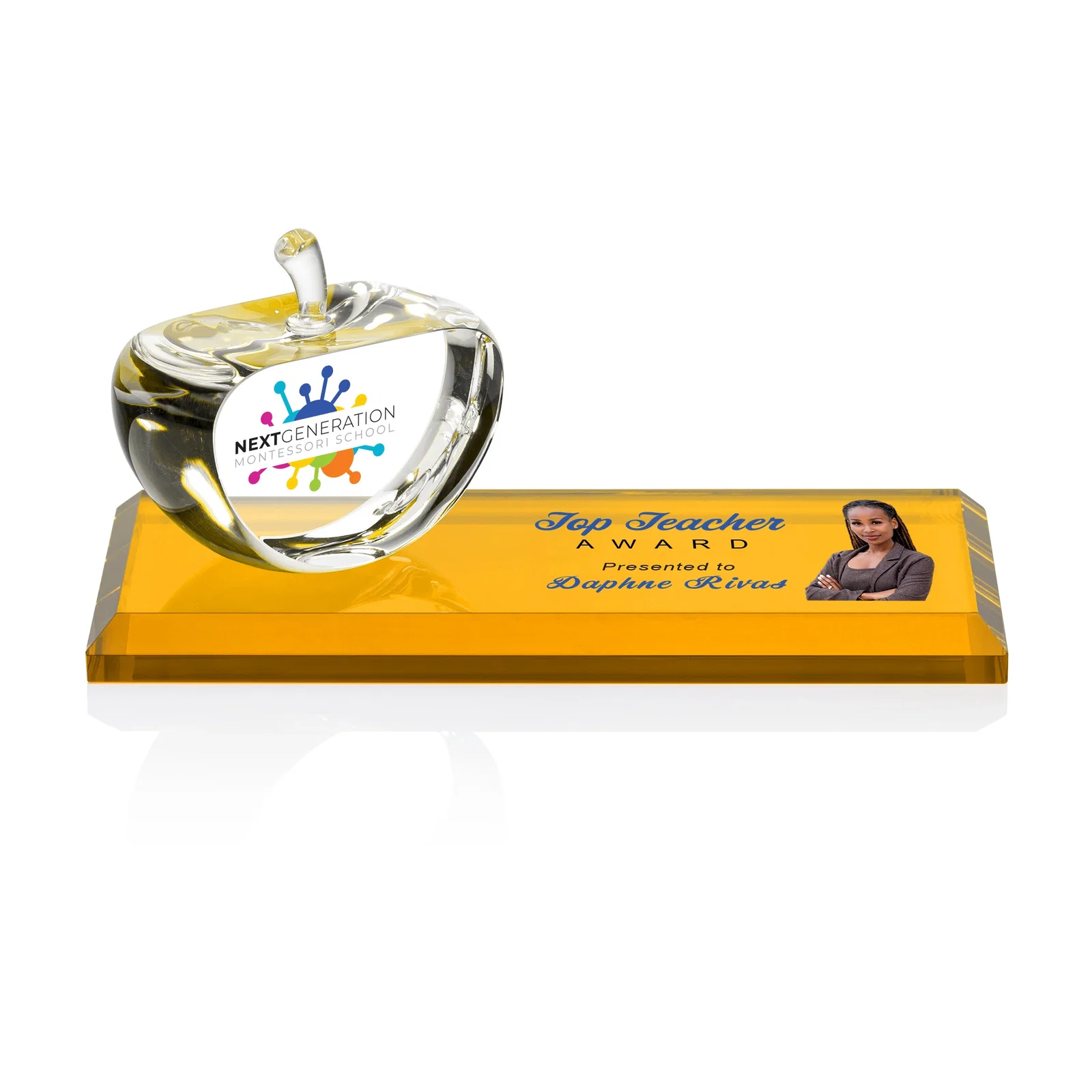 Personalized Optical Crystal Apple Award With Decoration on Base and Apple, desk awards for retirement presentations