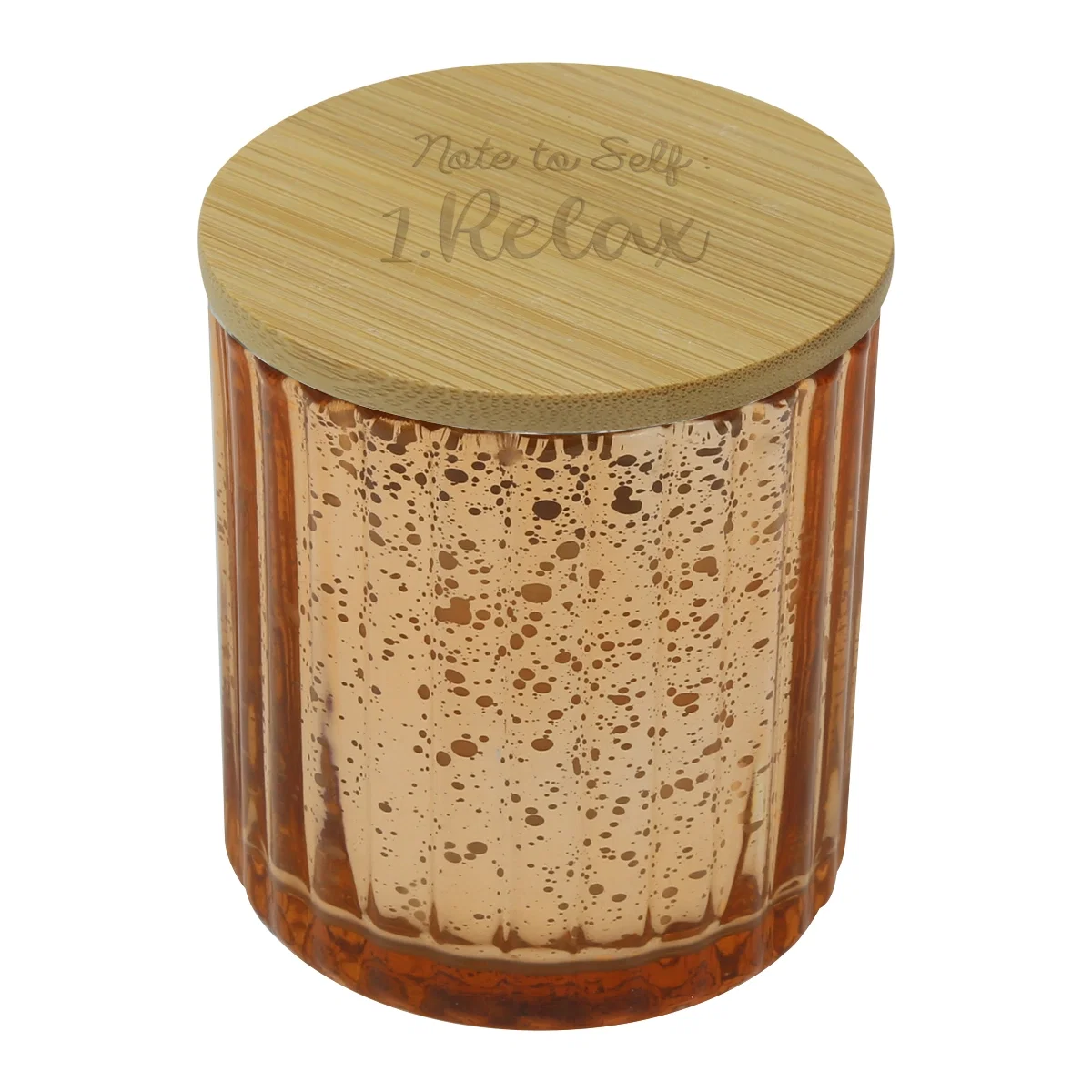 Metallic candle vessel topped with a bamboo lid