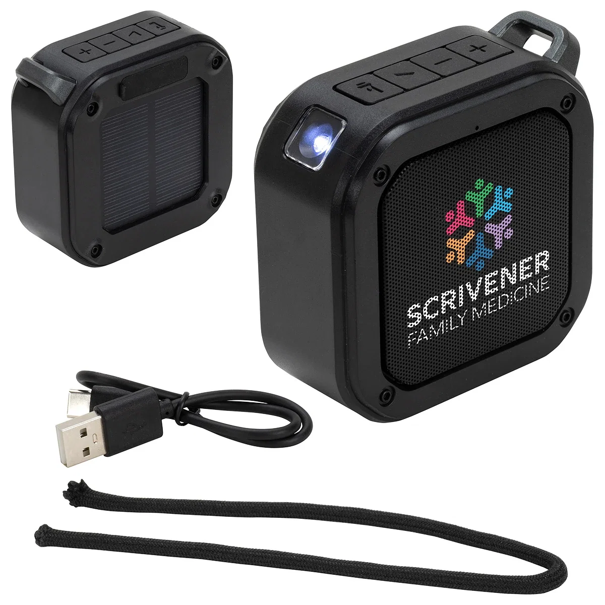 Custom Aria Solar-Powered Wireless Speaker, front view of the branded speaker