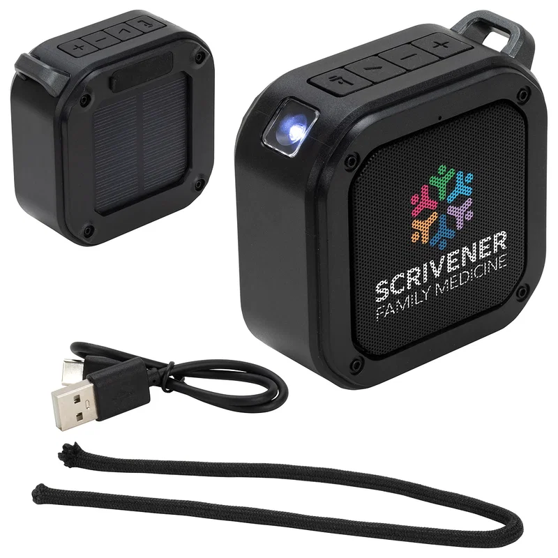 Custom Aria Solar-Powered Wireless Speaker, front view of the branded speaker