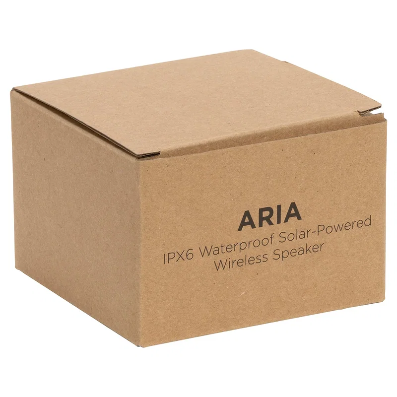 Retail packaging for the Aria IPX6 Waterproof Solar-Powered Wireless Speaker