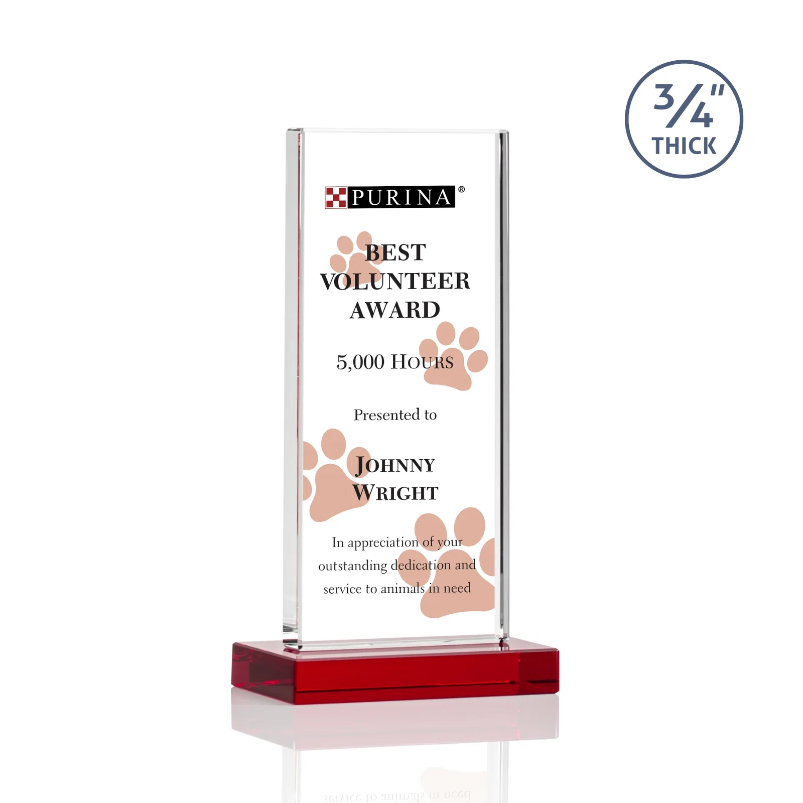 Custom printed Starfire Crystal Upright Award, Ready to Display Out of the Box, awards for team milestone celebrations