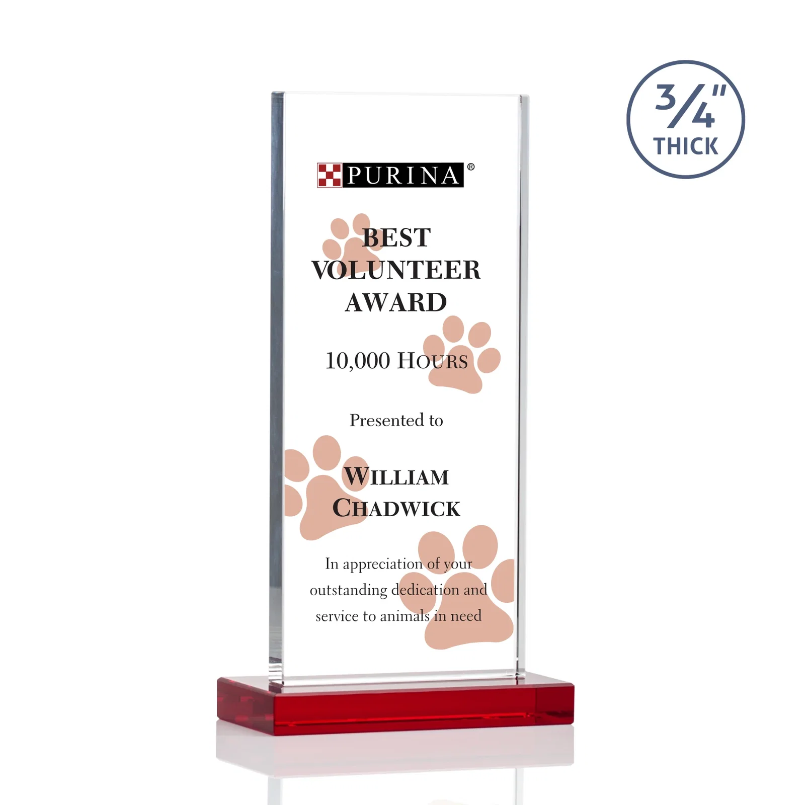 Custom printed Starfire Crystal Upright Award, Ready to Display Out of the Box, awards for donor appreciation
