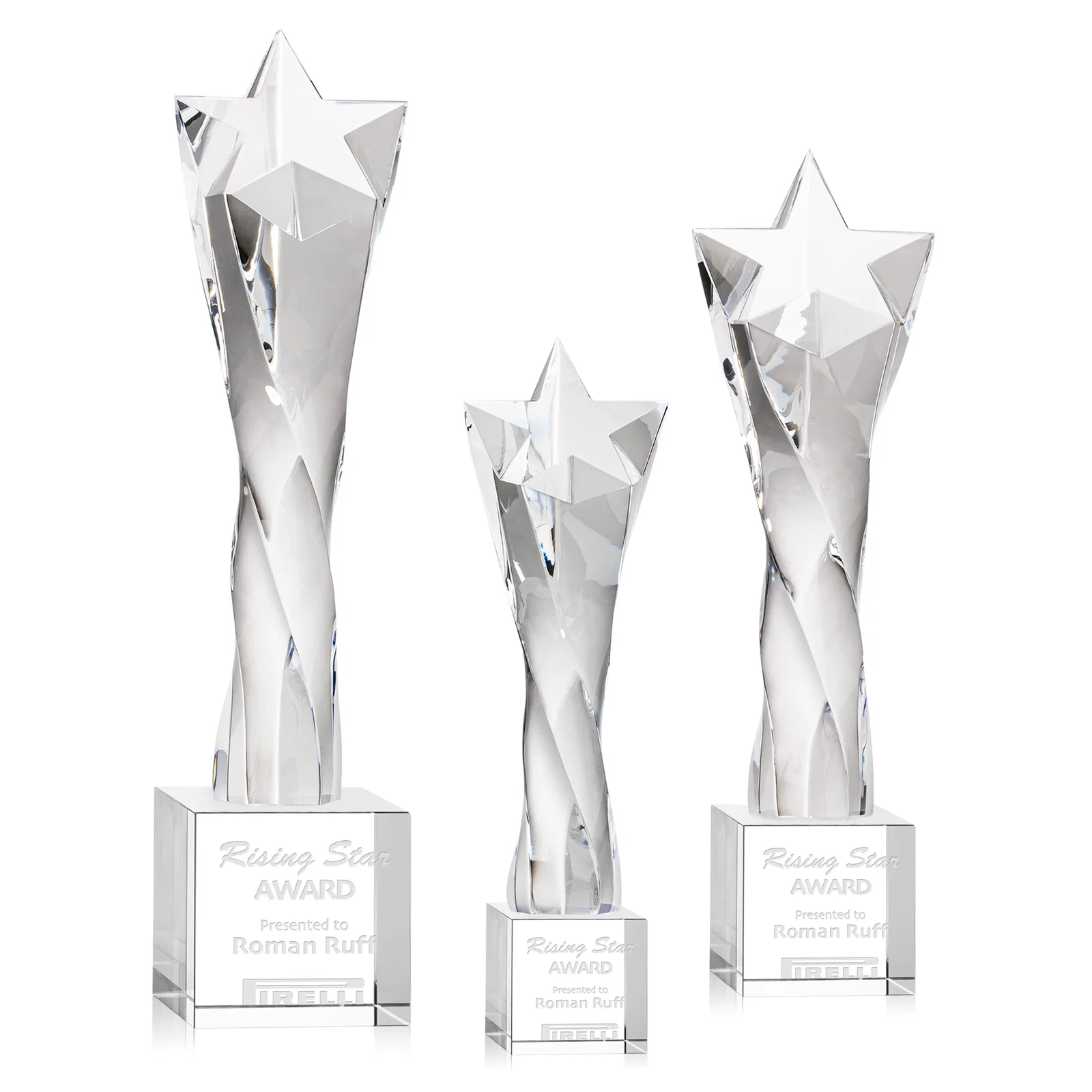Custom Twisting Optical Crystal Tower Award with Star Cutout for employee recognition