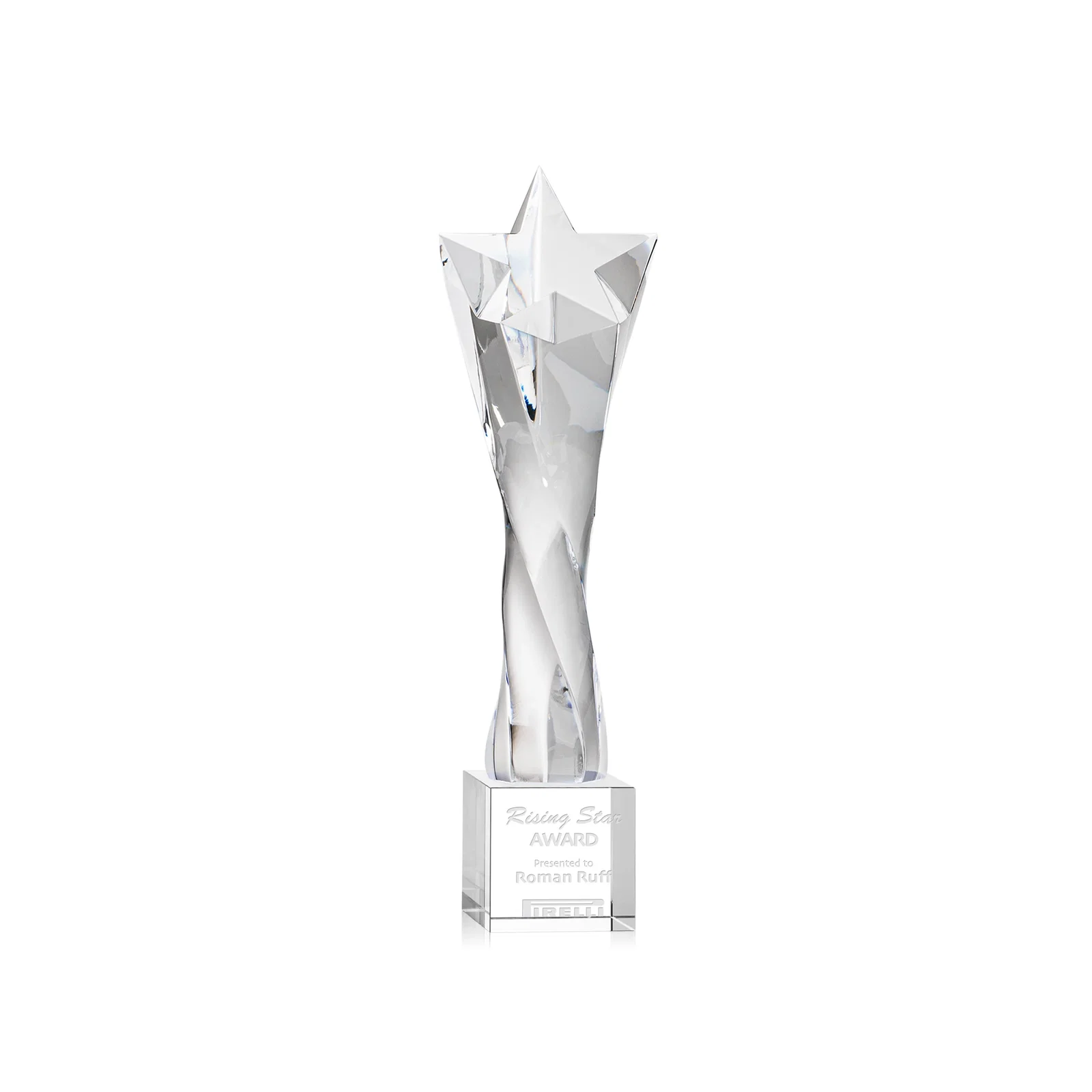 Custom Twisting Optical Crystal Tower Award with Star Cutout for corporate award ceremonies