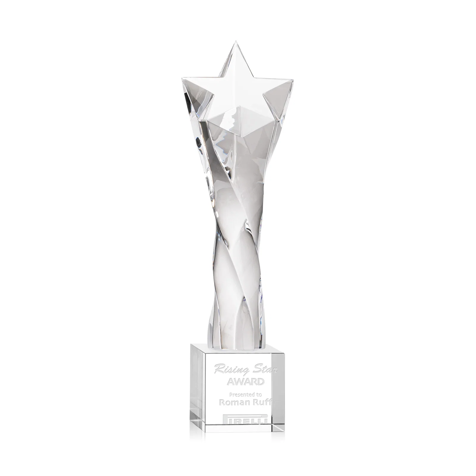 Custom Twisting Optical Crystal Tower Award with Star Cutout for service anniversary gifts
