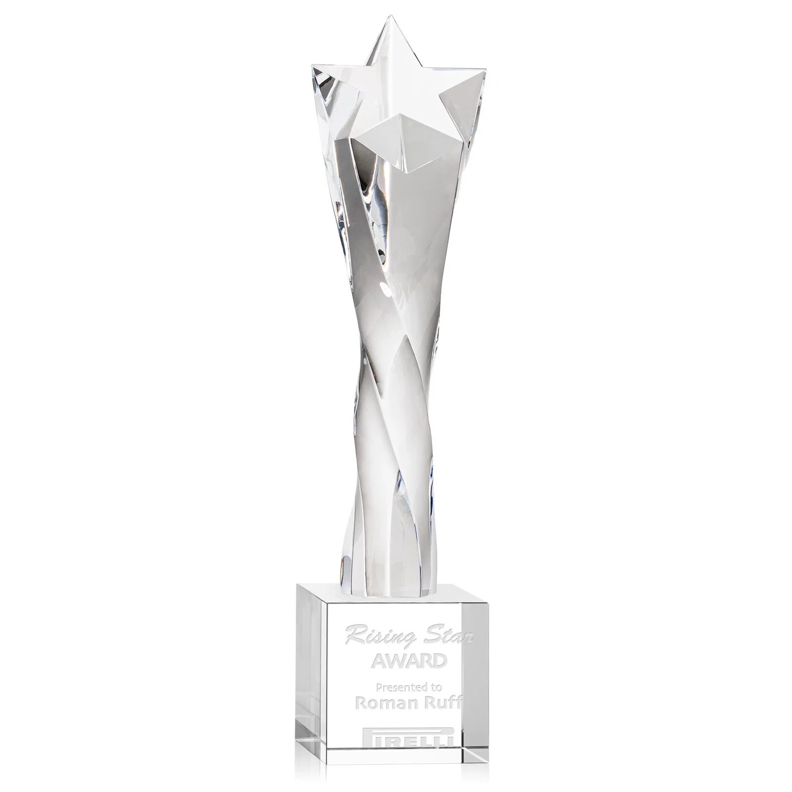 Custom Twisting Optical Crystal Tower Award with Star Cutout for sales achievement awards