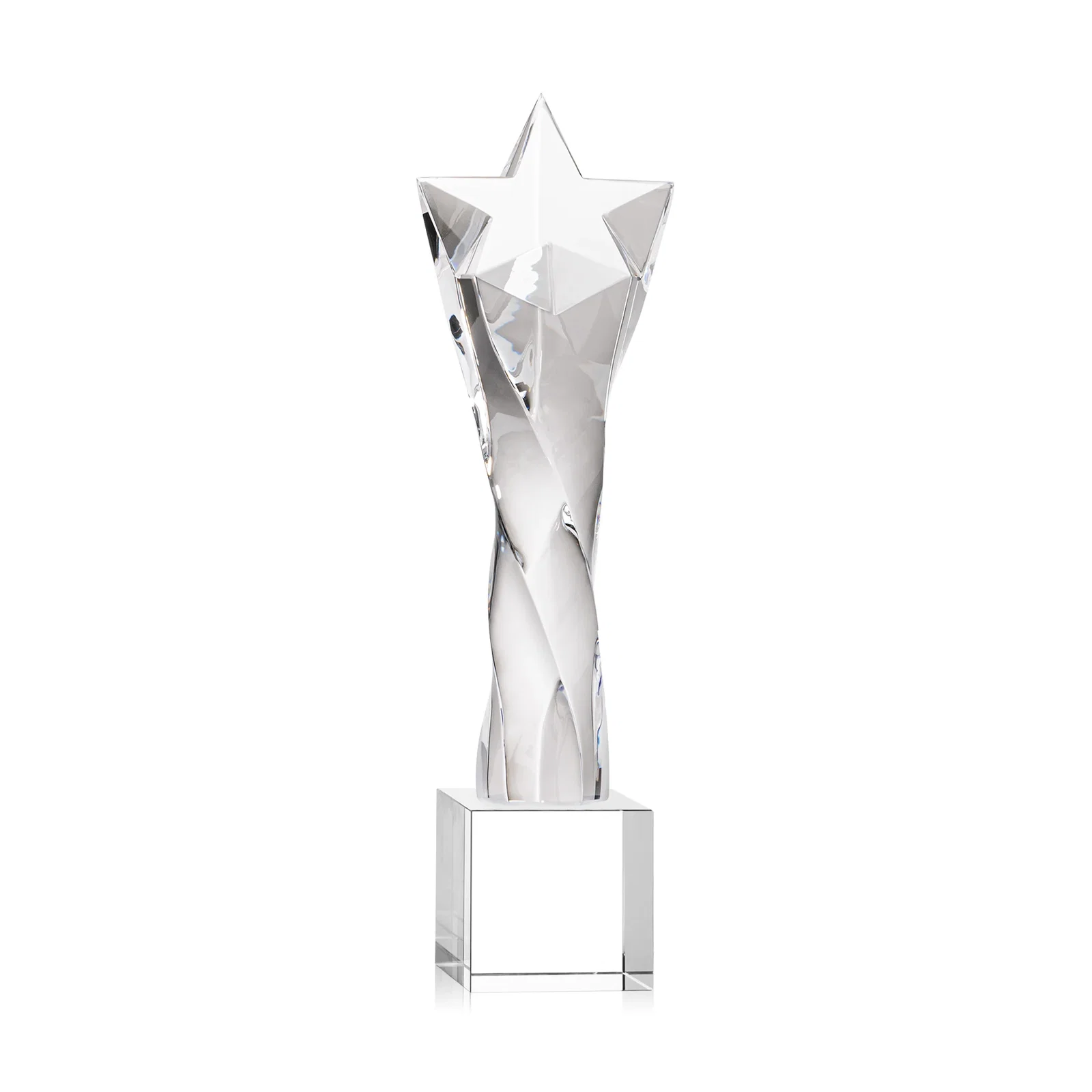 Custom Twisting Optical Crystal Tower Award with Star Cutout for donor appreciation
