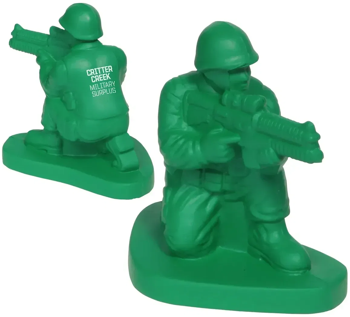 Custom Army Man Stress Reliever, branded army figure squeeze toy with logo print for military and veterans events