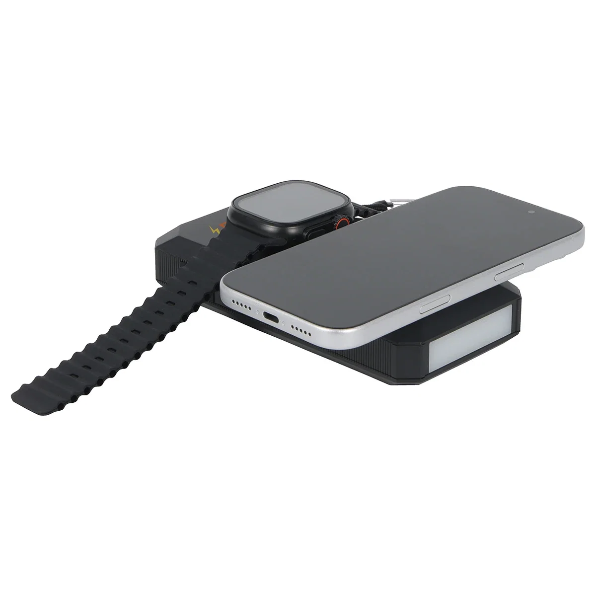 Close-up of the Array Power Bank's solar panel and magnetic wireless charging pad