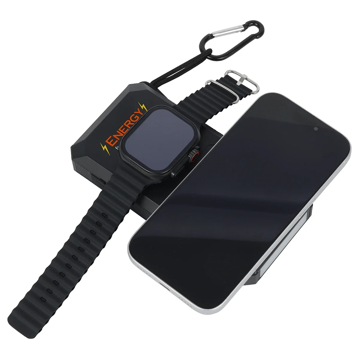 Array Power Bank in use, charging a smartwatch on the built-in watch charger