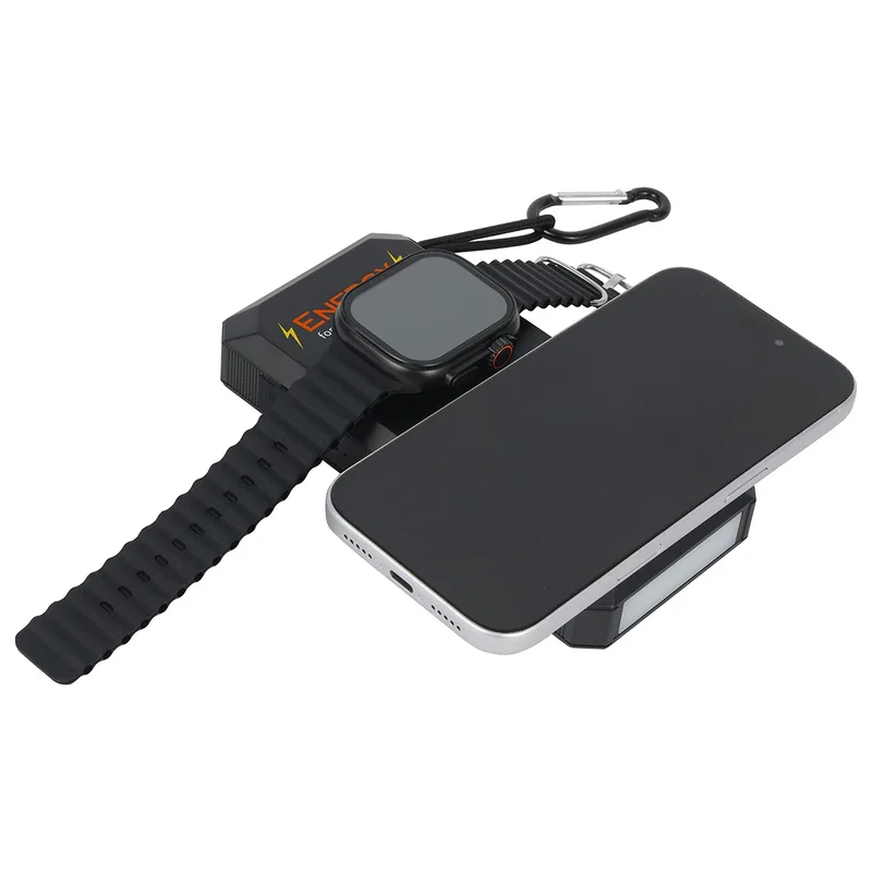 Angled view of the branded Array 15000mAh Power Bank with the cable extended