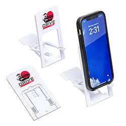Arris foldable custom branded phone stand propping a phone at a viewing angle