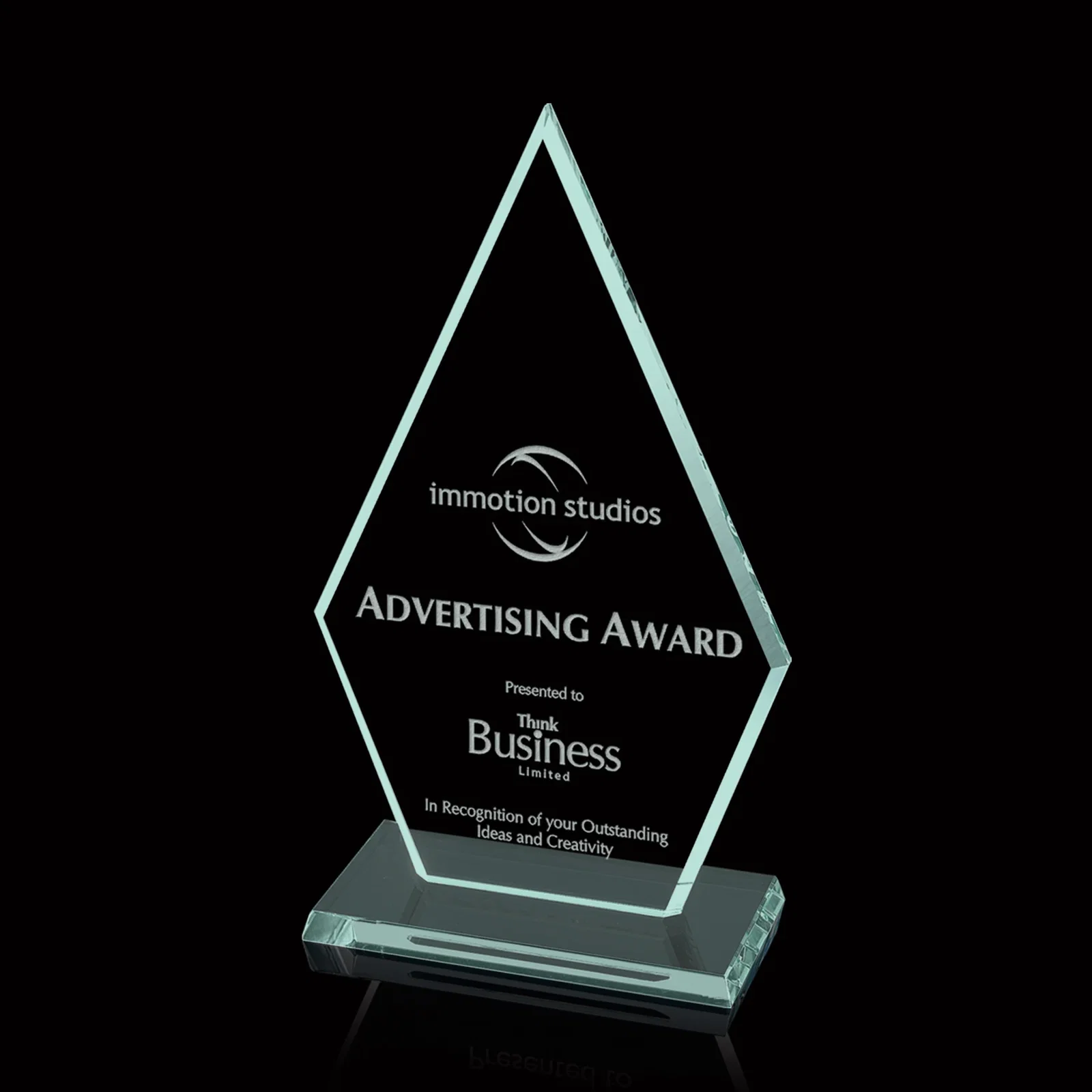 Custom Starfire or Jade Glass Arrowhead Award With a Matching Beveled Base for service anniversary gifts