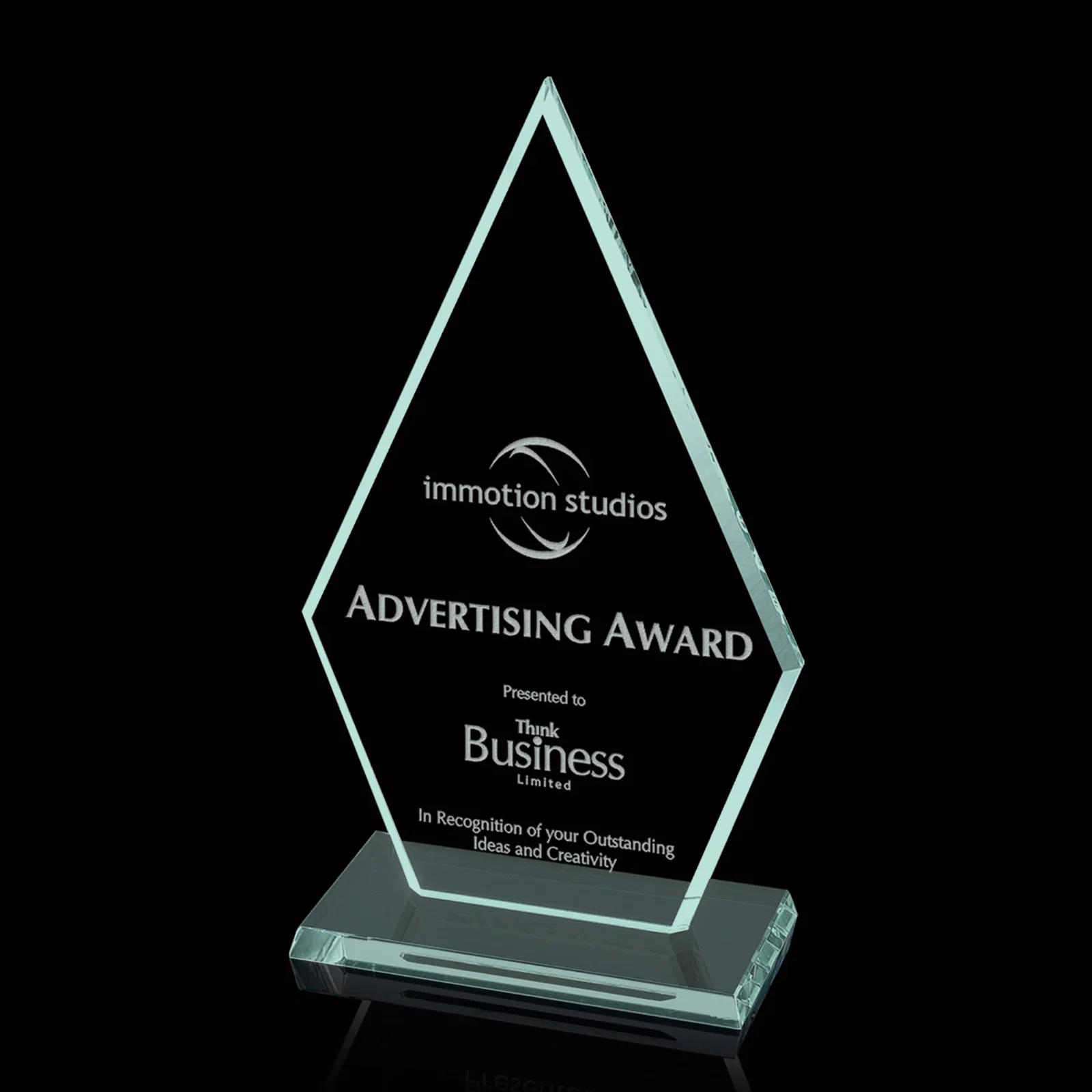 Custom Starfire or Jade Glass Arrowhead Award With a Matching Beveled Base for sales achievement awards