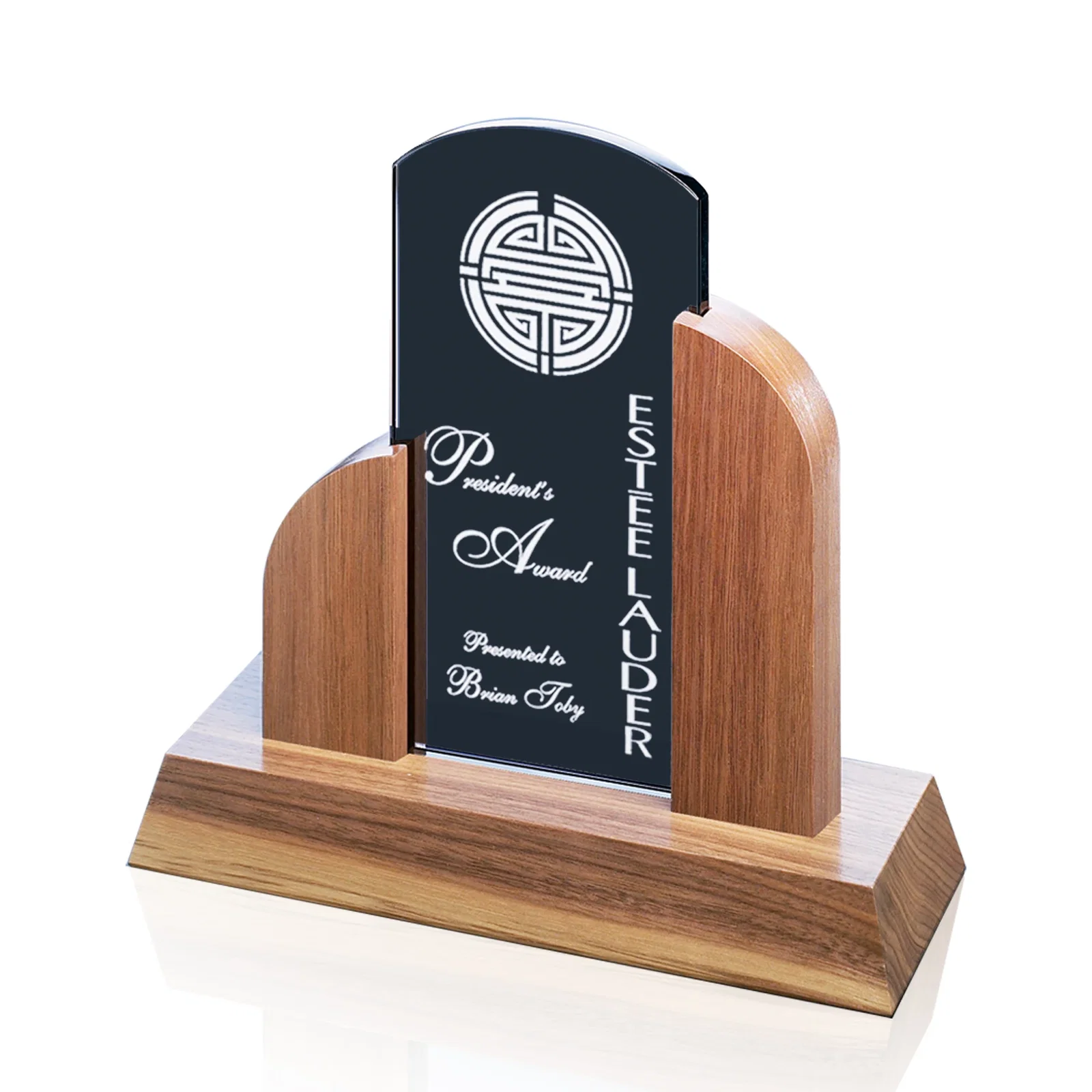 Custom Grey Glass Award Framed by Black Walnut Uprights for corporate award ceremonies