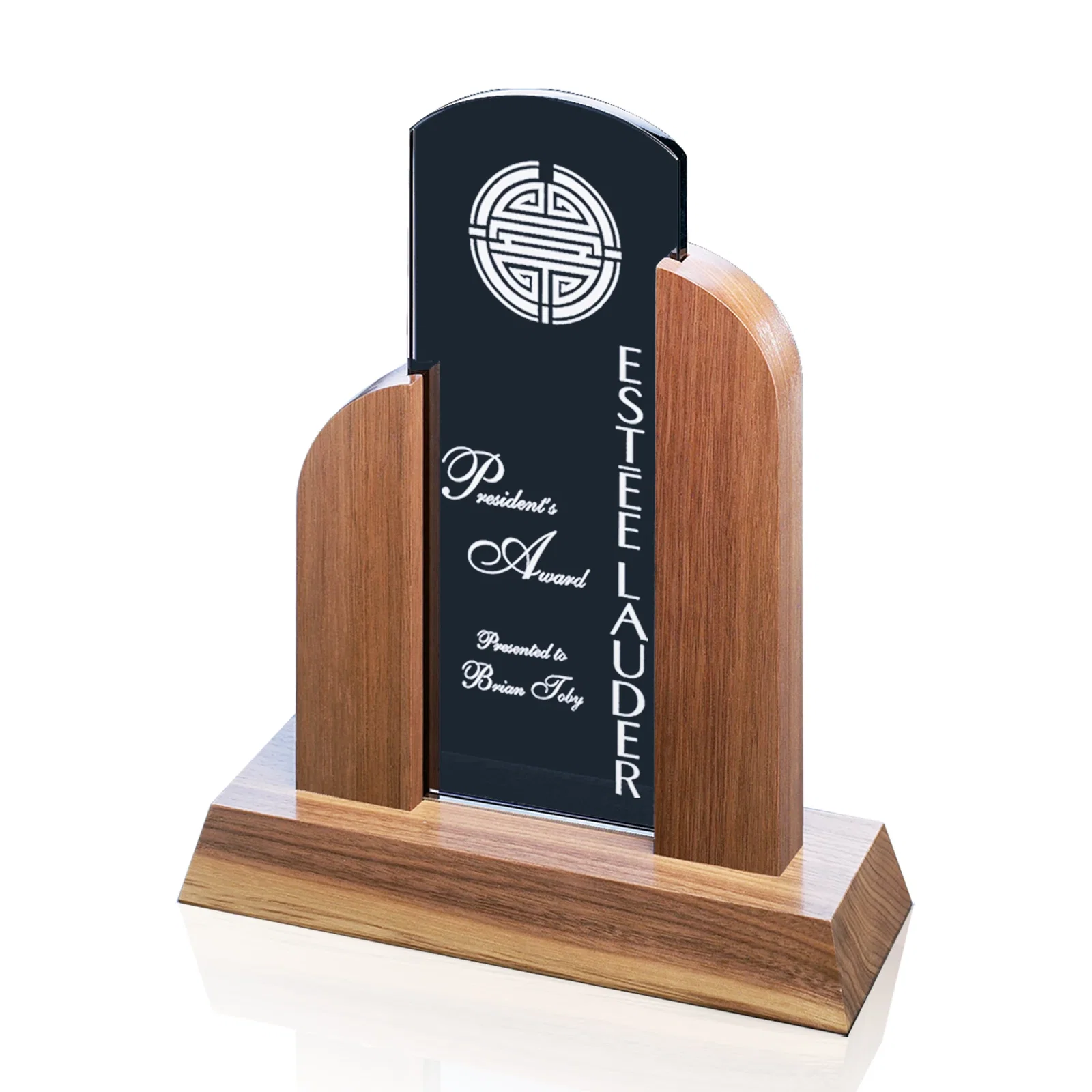Custom Grey Glass Award Framed by Black Walnut Uprights for service anniversary gifts