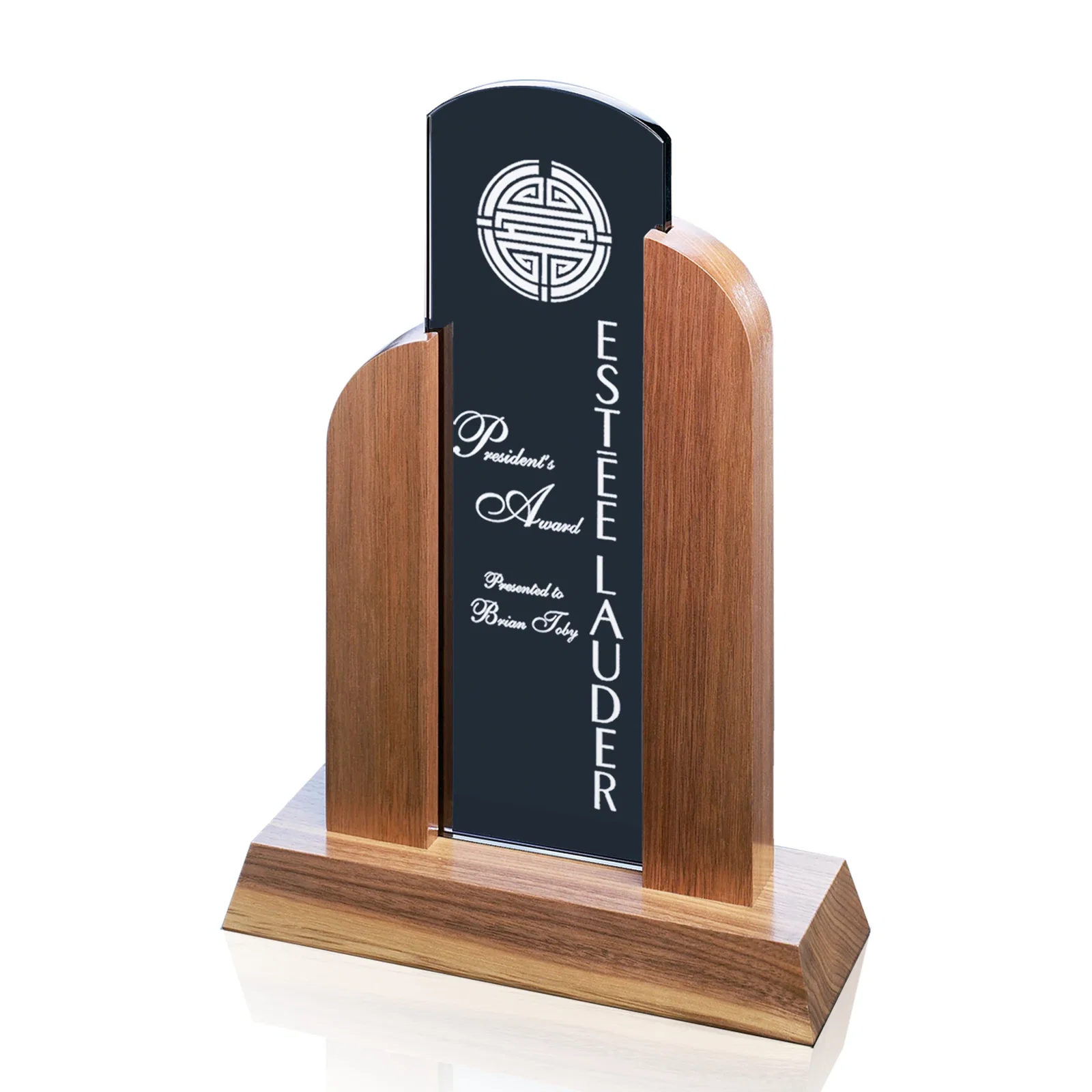Custom Grey Glass Award Framed by Black Walnut Uprights for sales achievement awards