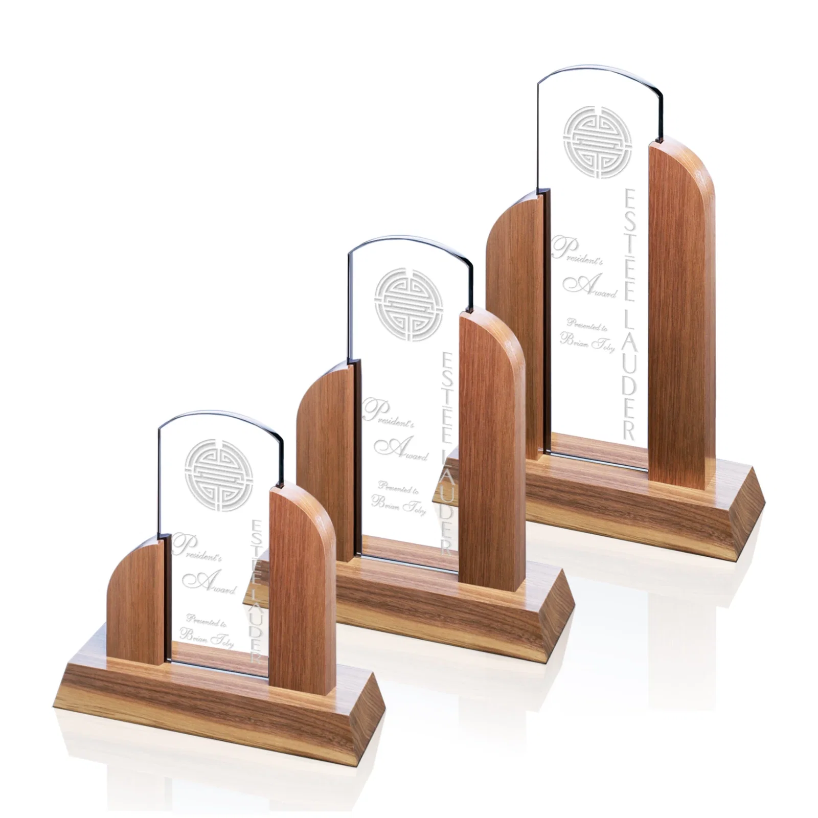Custom Grey Glass Award Framed by Black Walnut Uprights for retirement presentations