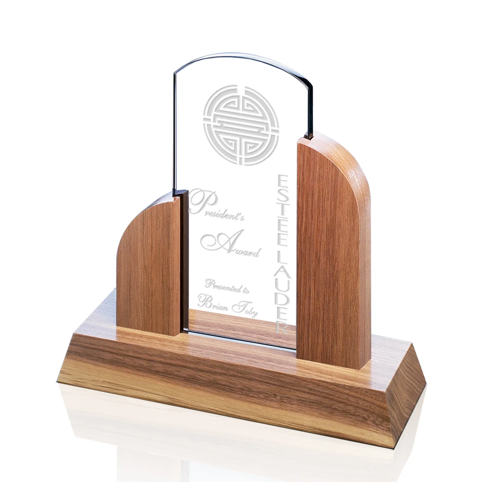 Custom Grey Glass Award Framed by Black Walnut Uprights for team milestone celebrations
