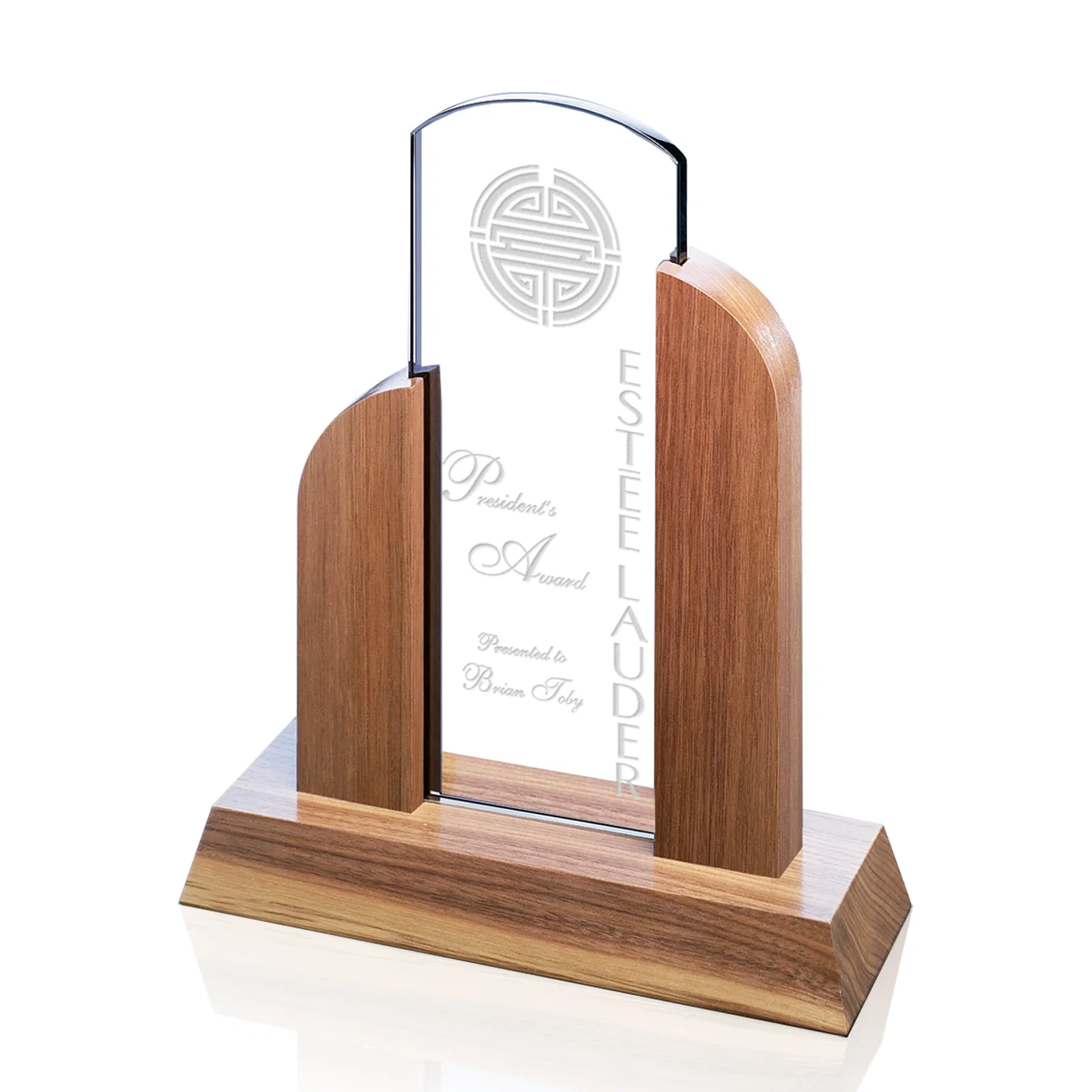 Custom Grey Glass Award Framed by Black Walnut Uprights for donor appreciation