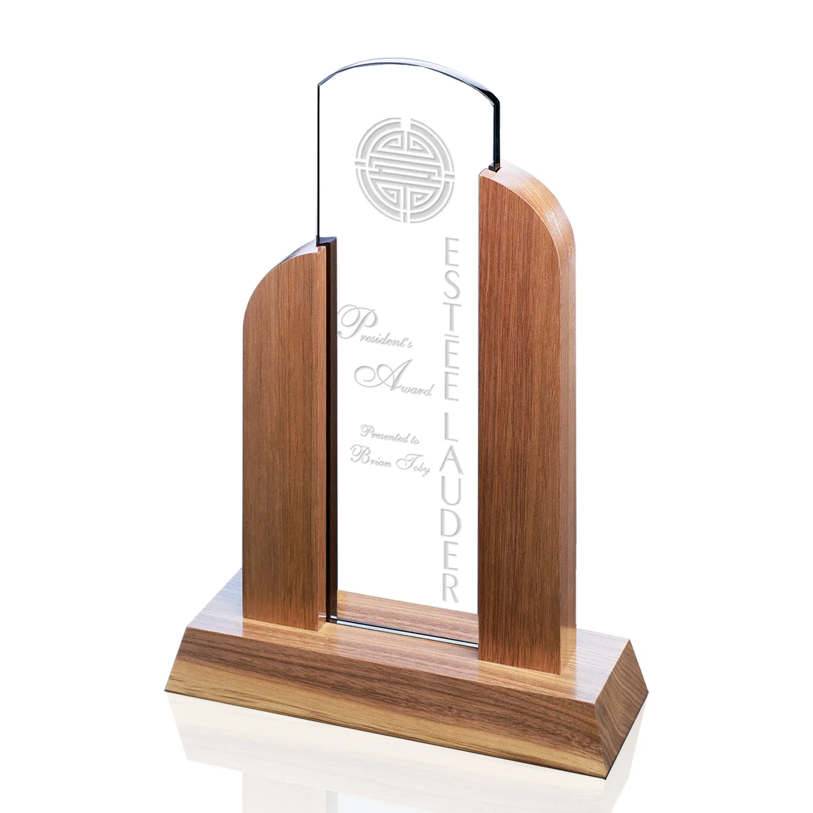 Custom Grey Glass Award Framed by Black Walnut Uprights for graduation ceremonies