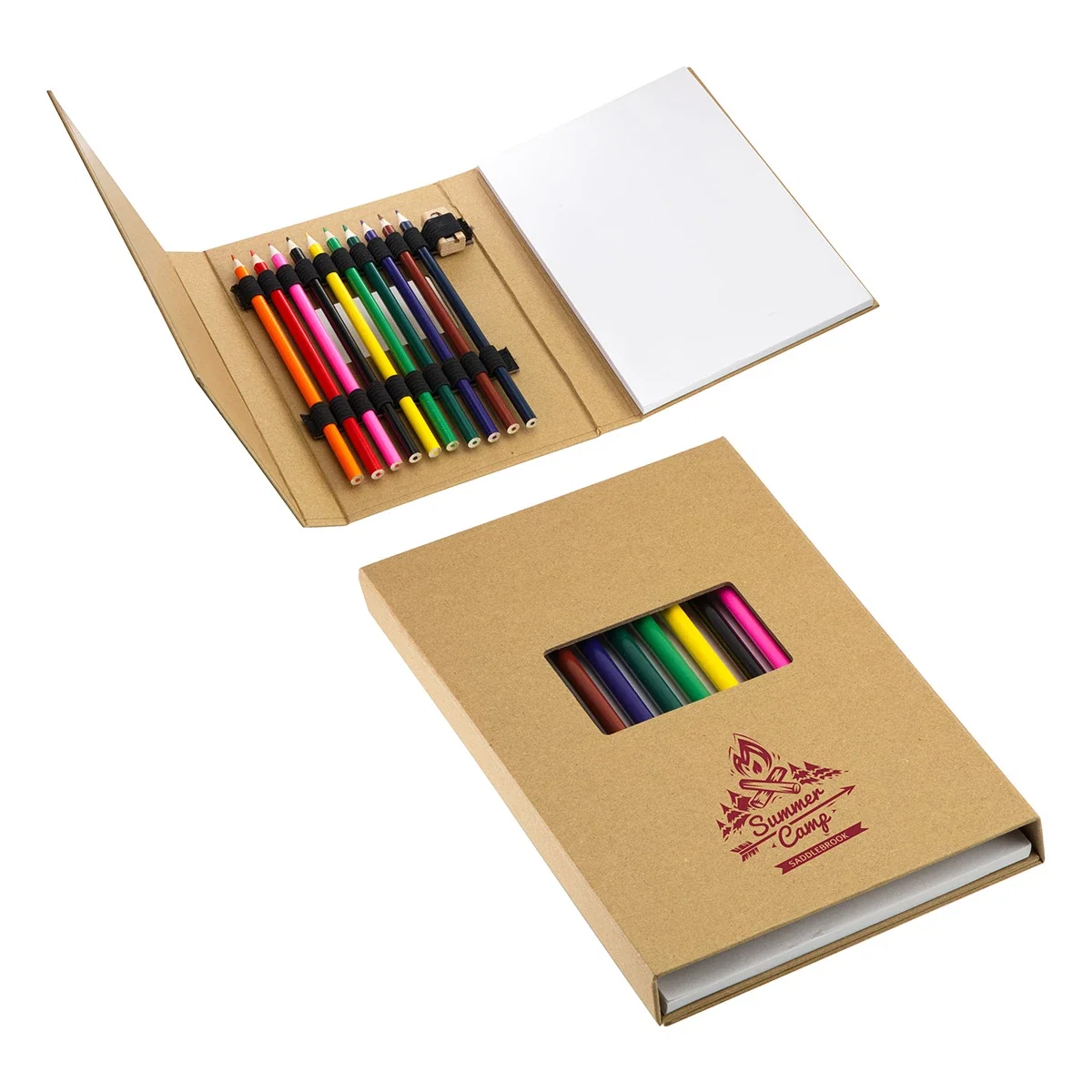 Custom Artisan Sketch Pad with 10-Piece Colored Pencil Set, front view of the branded sketch pad and pencils
