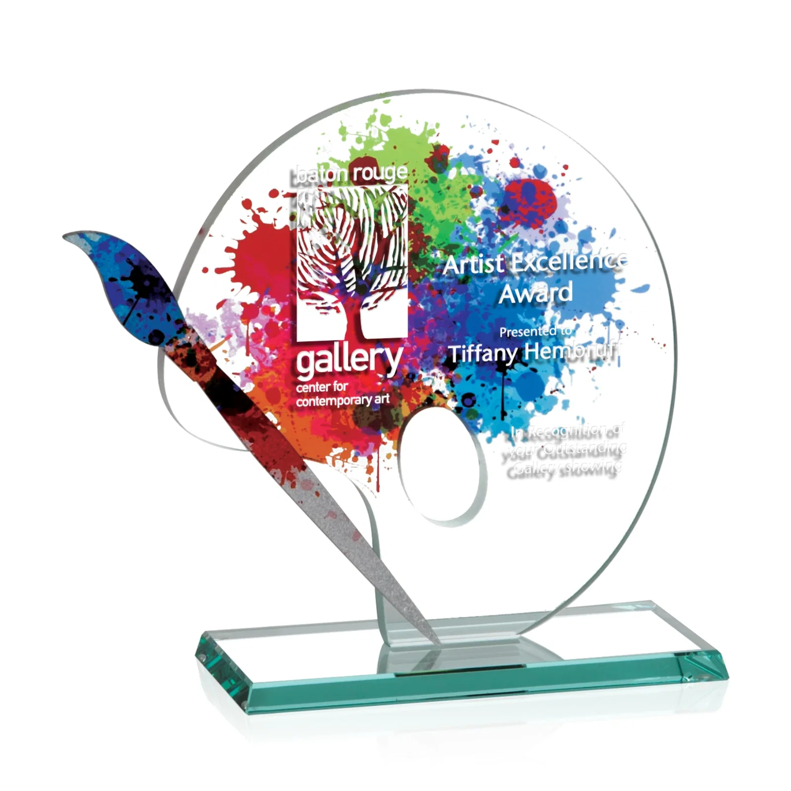 Custom Aquashaped Starfire Crystal Artist Palette Award, metal awards for employee recognition